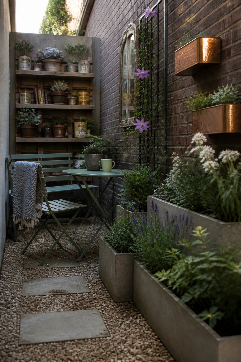 A narrow urban courtyard with a small green folding table and two chairs on gravel, flanked by concrete planters and wooden shelves against a brick wall.