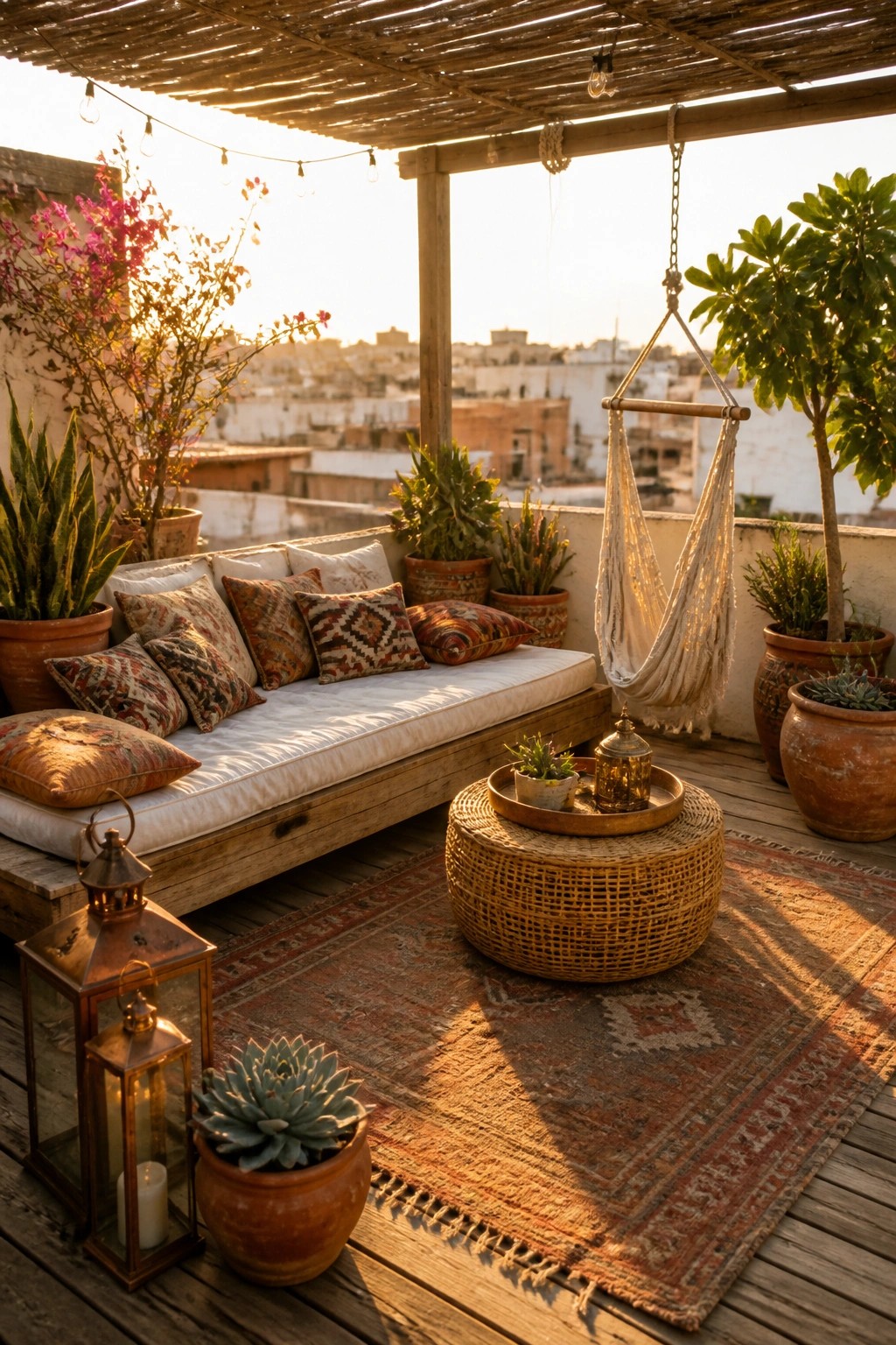 A rooftop terrace at sunset with a low wooden daybed, patterned cushions, potted plants, a hanging woven chair, a large round woven ottoman, lanterns, and a rug on wooden decking.