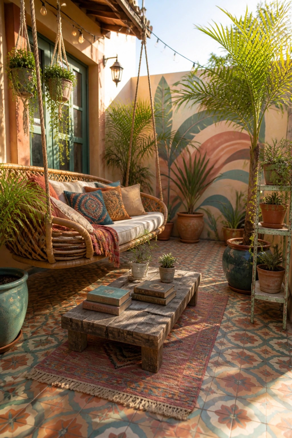 A hanging rattan swing with cushions is positioned on a patterned tile patio next to a low wooden table, potted plants, and a colorful wall mural.