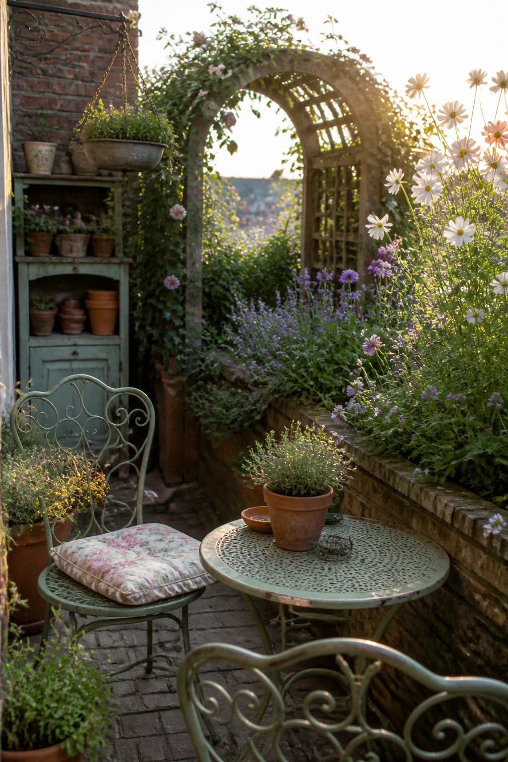 A brick-paved terrace with a round metal table and two ornate chairs, surrounded by potted plants, flowers, and a vine-covered arch.