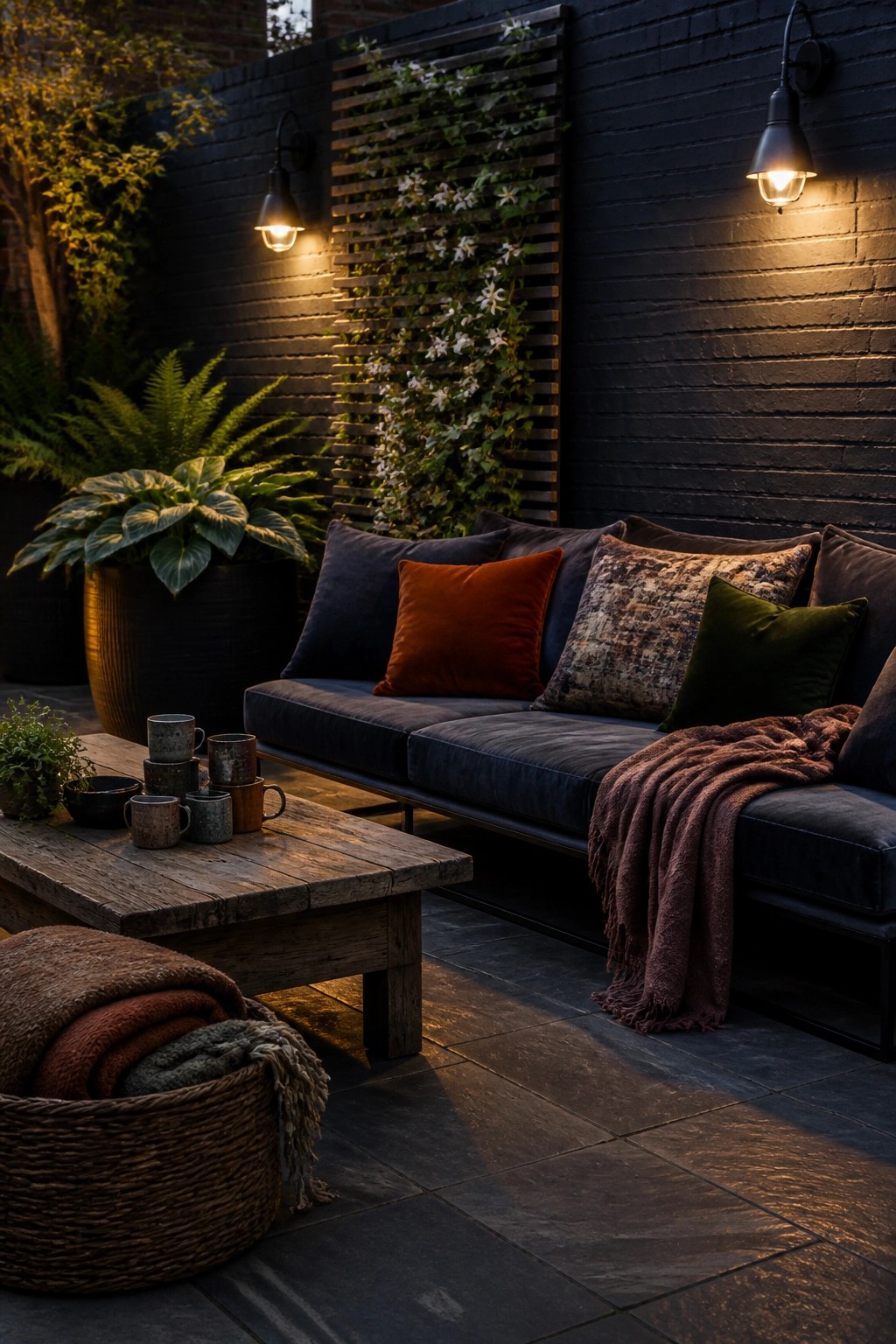 A navy outdoor sofa with rust, patterned, and green pillows sits on a stone patio beside a wooden coffee table, with folded blankets in a basket and wall sconces lighting a dark brick wall with climbing plants.