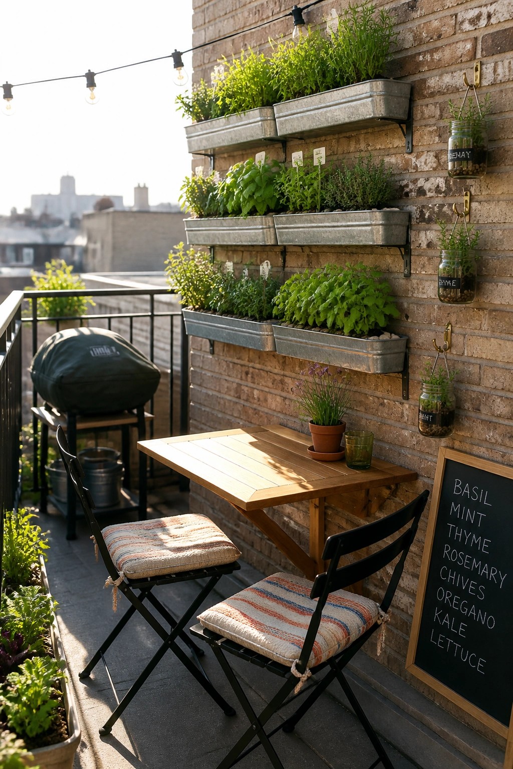 A compact urban terrace with a wooden table and two folding chairs, multiple wall-mounted metal planters on a brick wall filled with herbs, and a chalkboard listing basil, mint, thyme, and other plants.