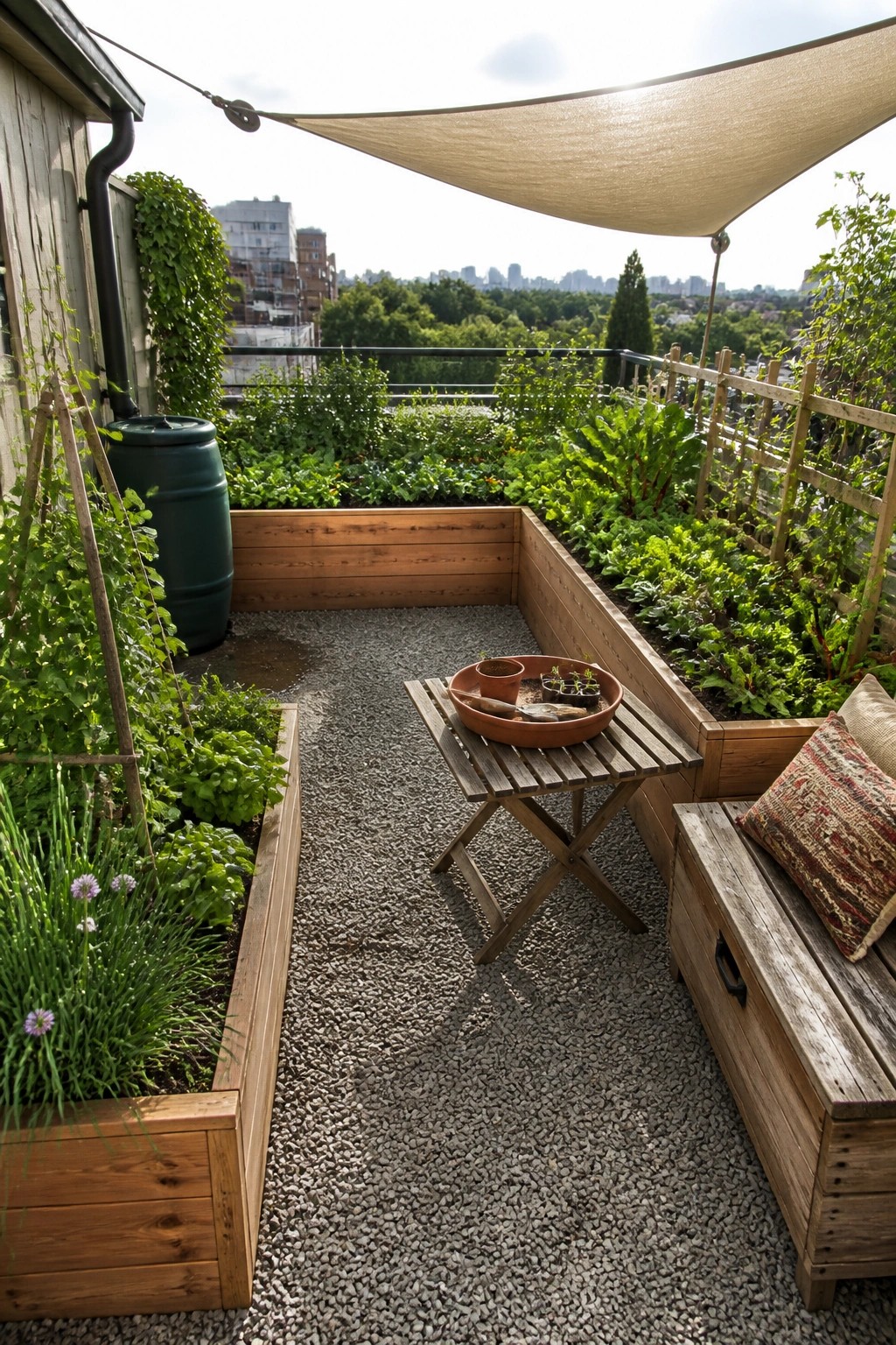 A city terrace with wooden raised garden beds along the sides, a central gravel path, a small folding table, and a beige shade sail overhead.