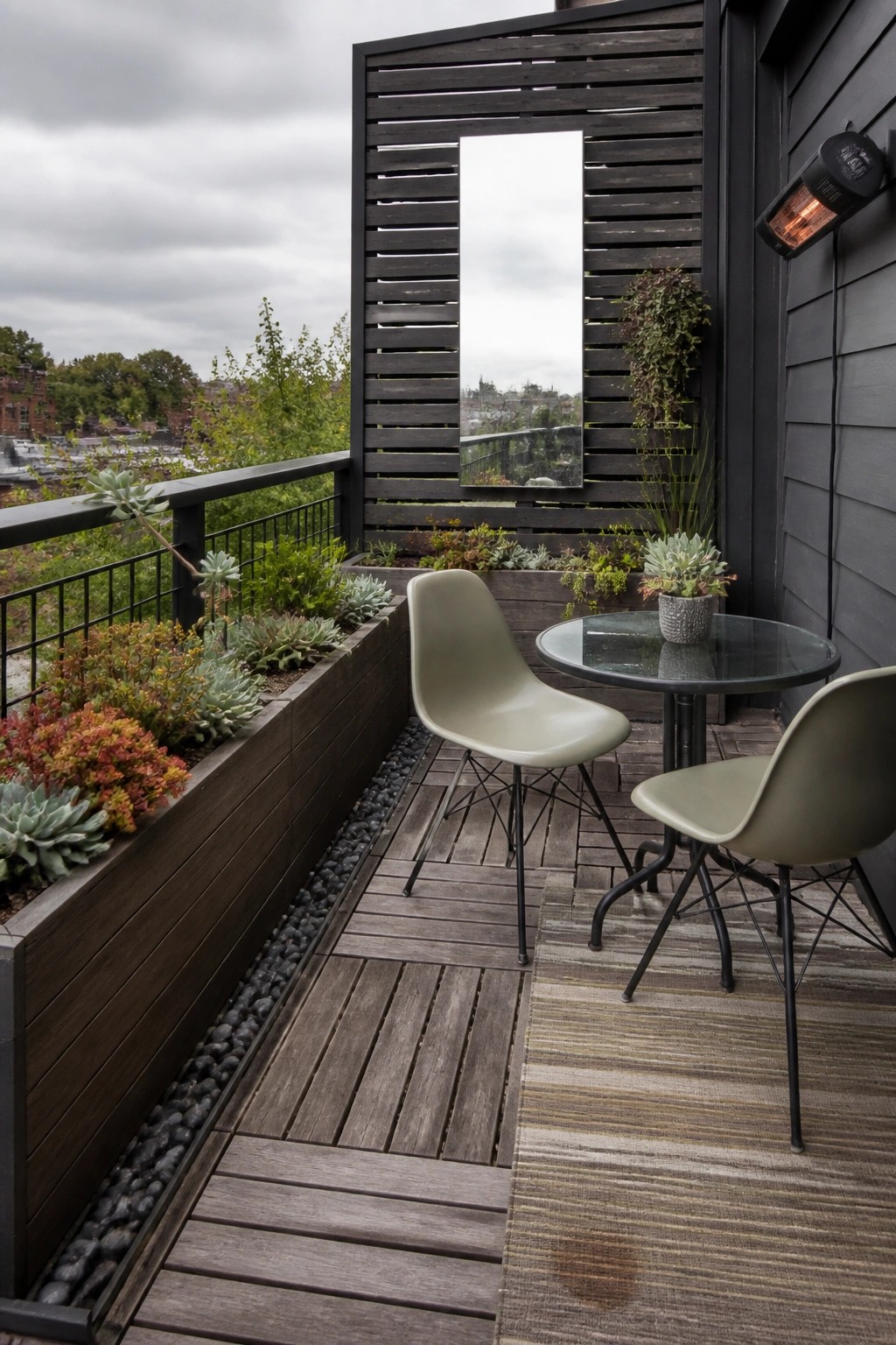 A compact urban balcony with dark wooden decking, a tall slatted privacy screen containing a vertical mirror, a round glass table with two light green molded chairs, and a long built-in planter box holding succulents and colorful plants.