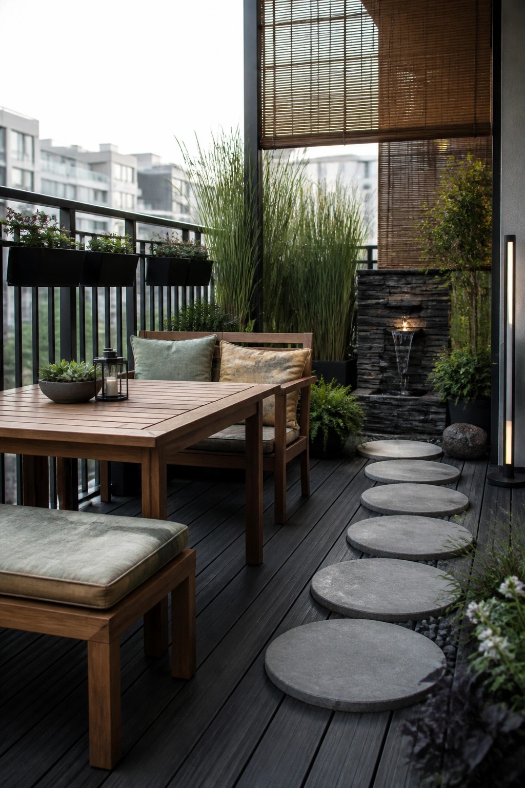 A wooden dining table with cushions sits on a dark deck beside a path of round concrete stepping stones that lead to a stone water fountain on an urban terrace.