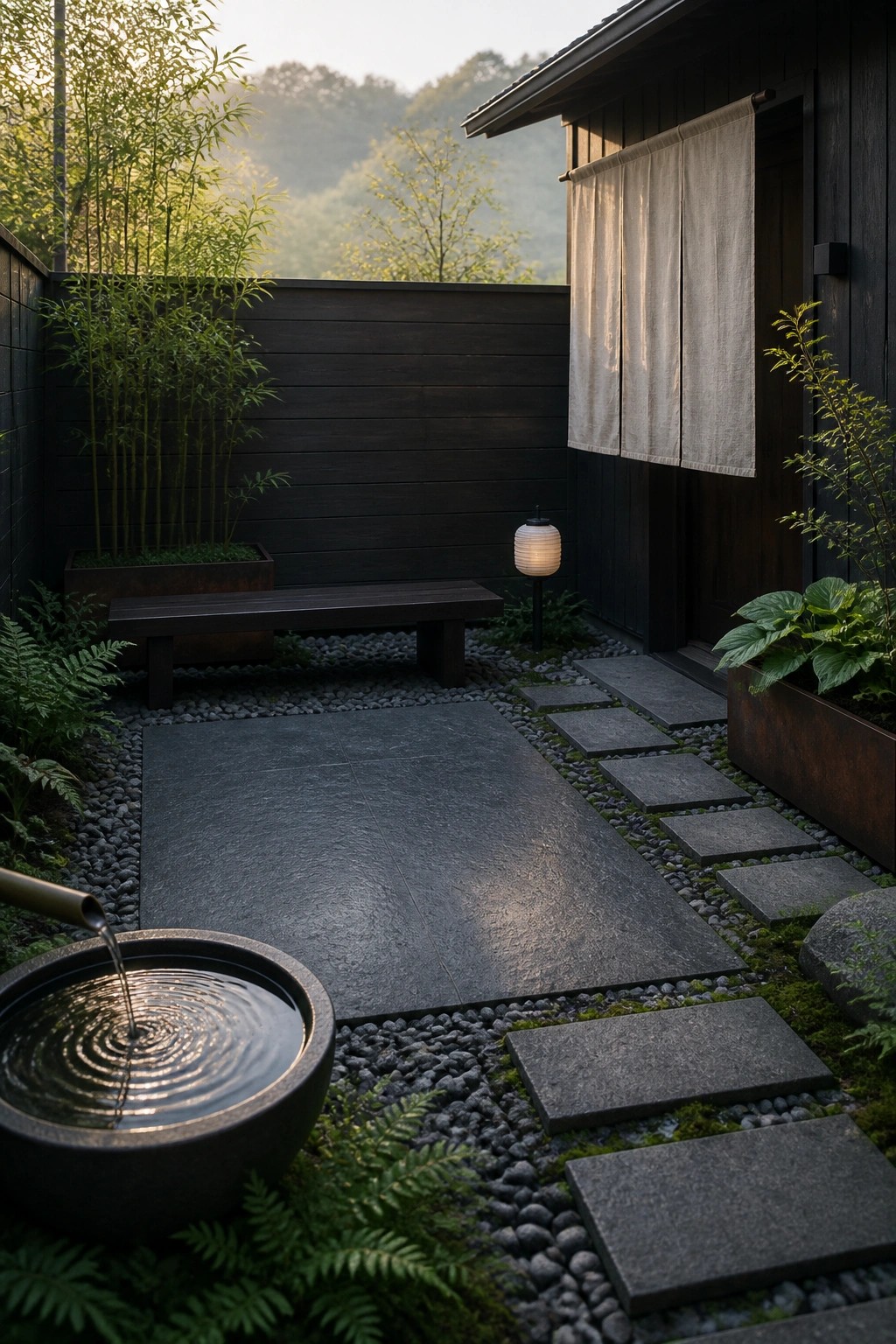 A small courtyard with dark stone pavers and gravel, a round water basin in the foreground, a wooden bench against a dark fence, and a building with a light curtain over the door.