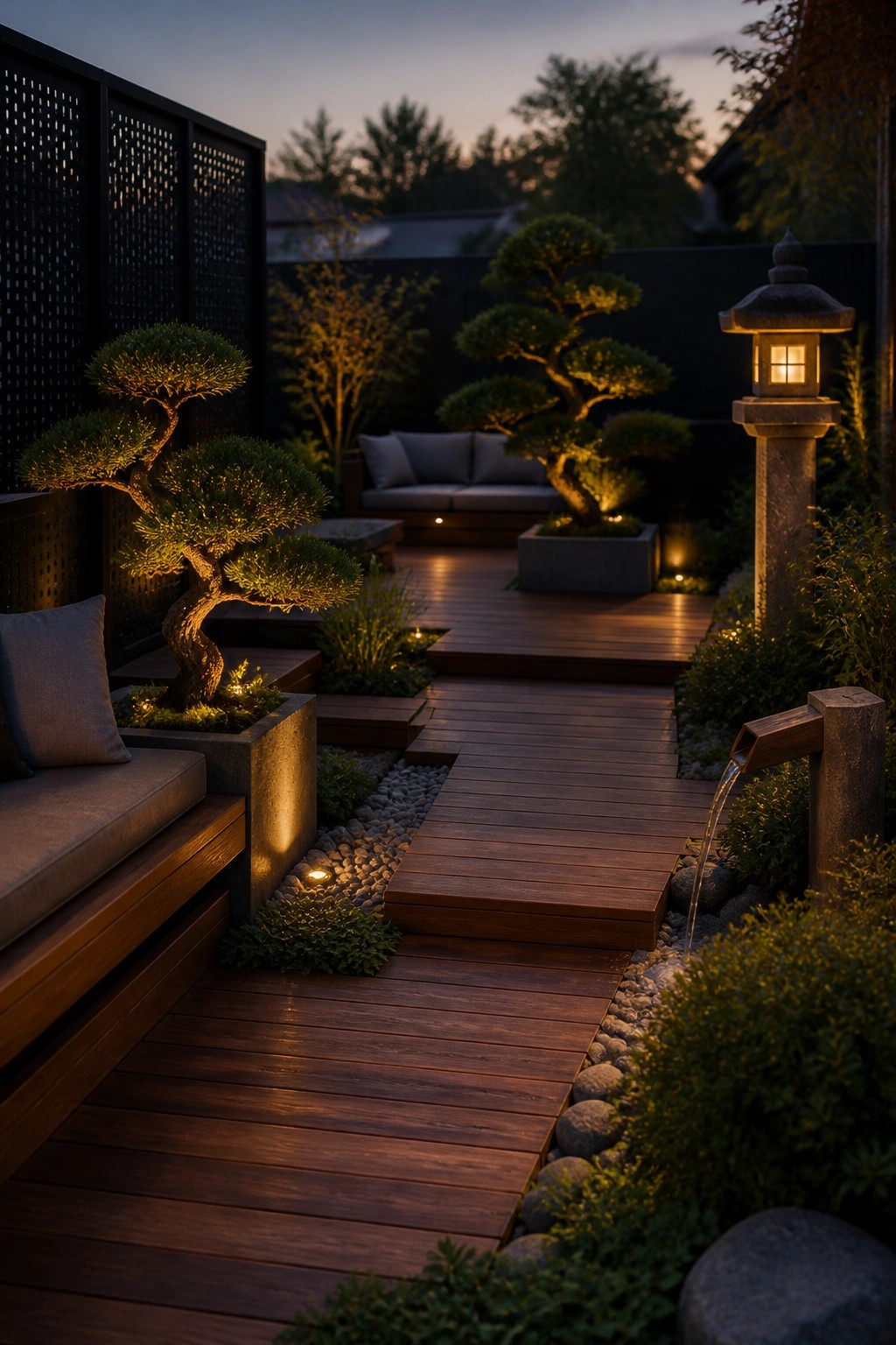 Serene Japanese zen garden at night with lit bonsai trees and wooden deck.