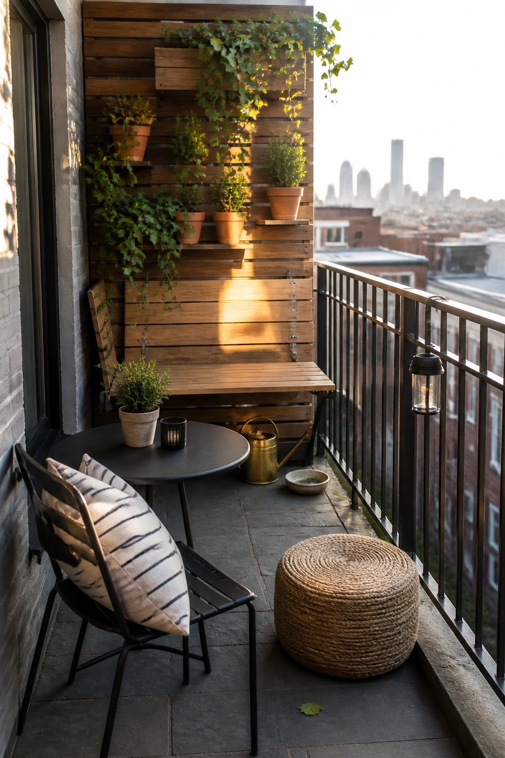 Cozy balcony with wooden plant wall, black table and chair, woven pouf, city skyline.