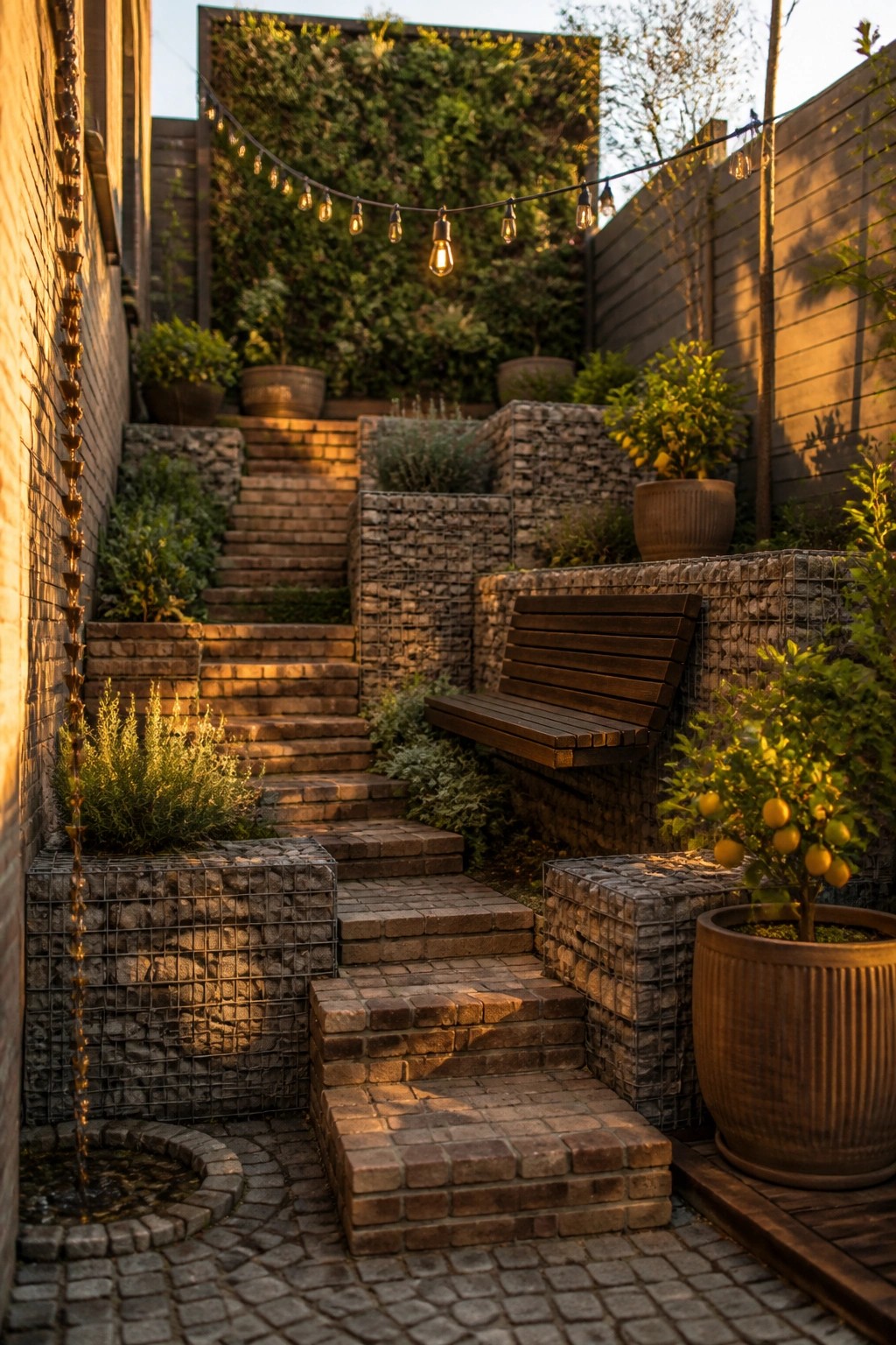 A sloped garden with brick steps, gabion retaining walls, a wooden bench built into one wall, potted plants, and string lights overhead.