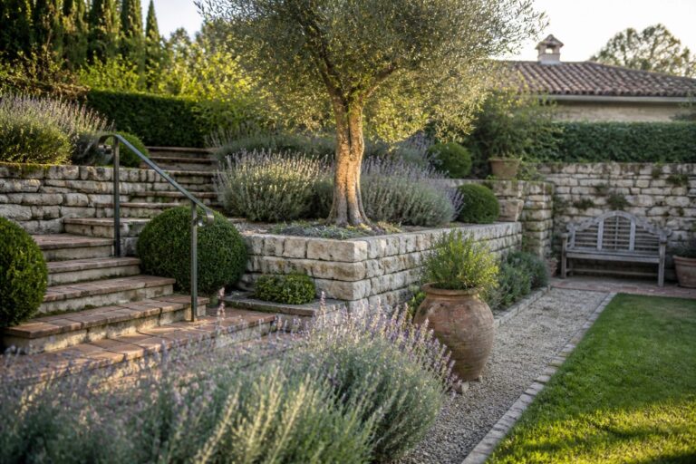 Stone stairs lined with lavender, terracotta pots, and olive trees in golden light