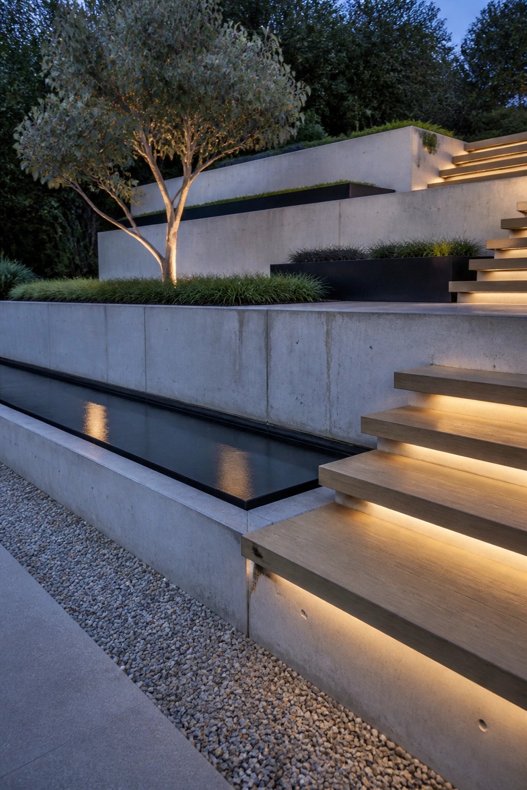Concrete retaining walls form terraces on a sloped garden, with a long water feature along one wall, illuminated wooden steps, and trees planted on the upper levels.