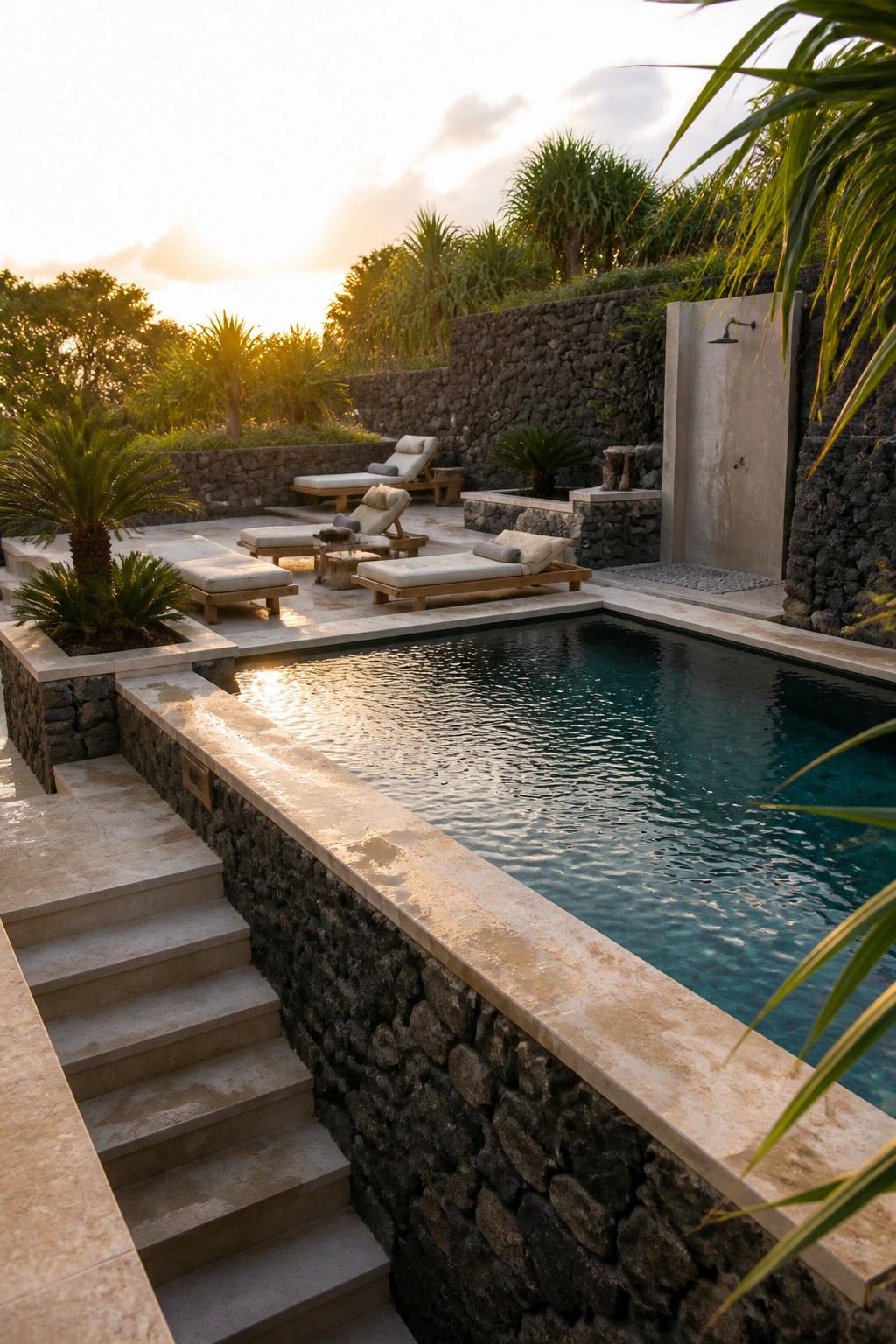 Stone-edged pool with lounge chairs, outdoor shower, and stairs at sunset