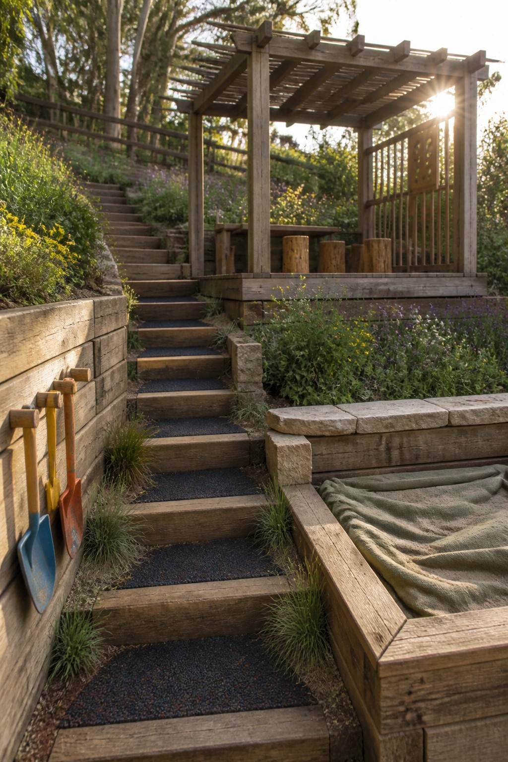 A hillside garden with wooden retaining walls and integrated steps featuring dark gravel treads, leading toward a wooden pergola.