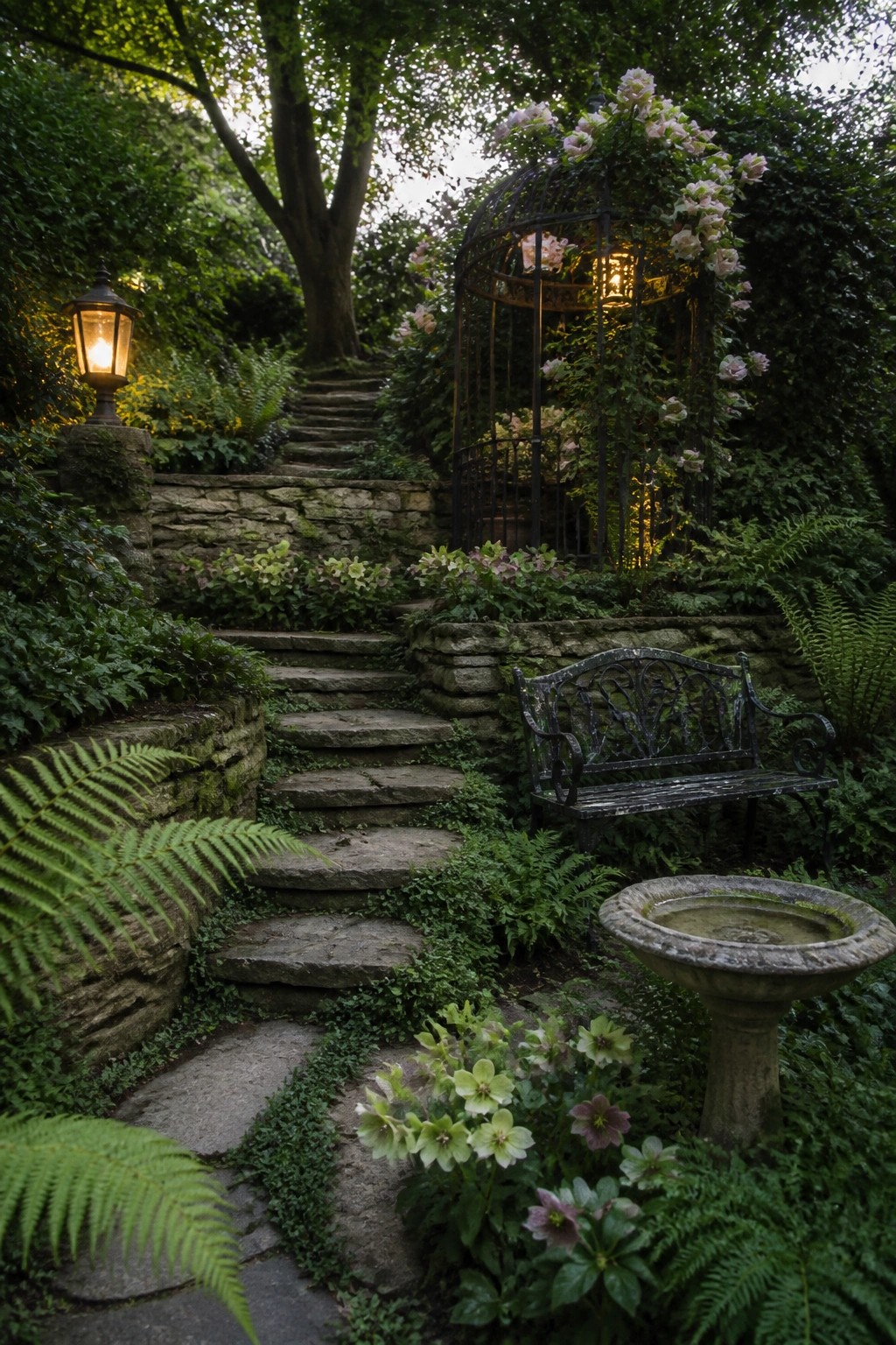 Stone steps winding through lush garden with bench, birdbath, glowing lanterns and flowers.