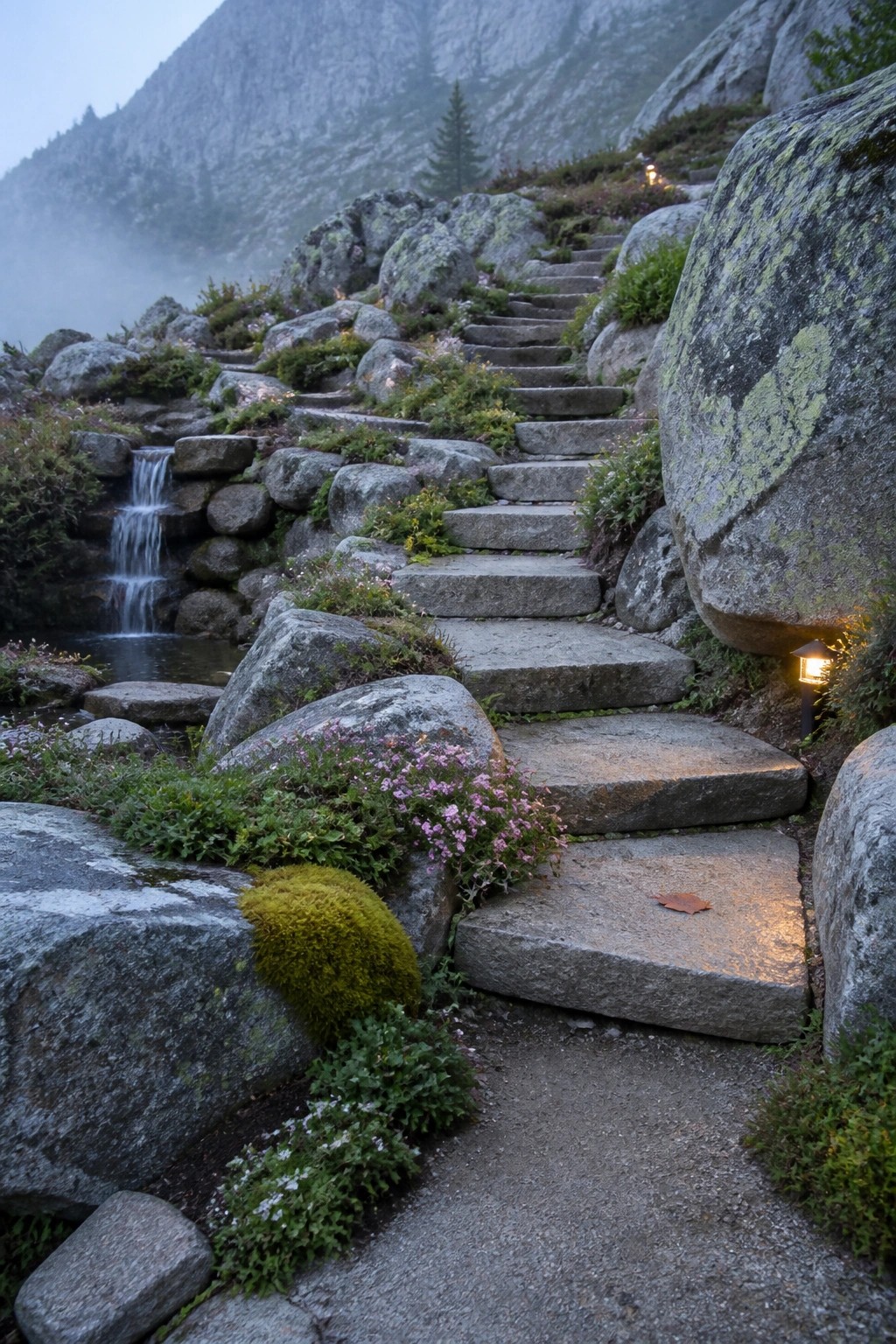 Stone stairs wind up misty mountain beside waterfall with glowing path lights