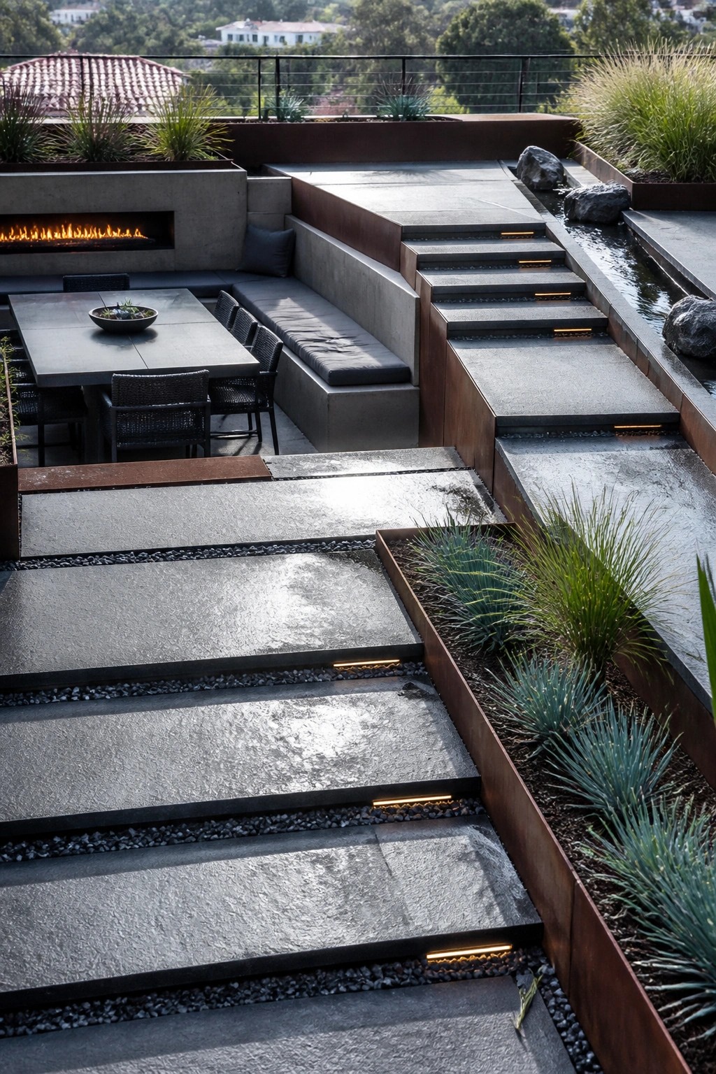 A multi-level outdoor space with wide concrete terraces and steps fitted with recessed lighting, bordered by rusted metal retaining walls and planted beds with tall grasses.