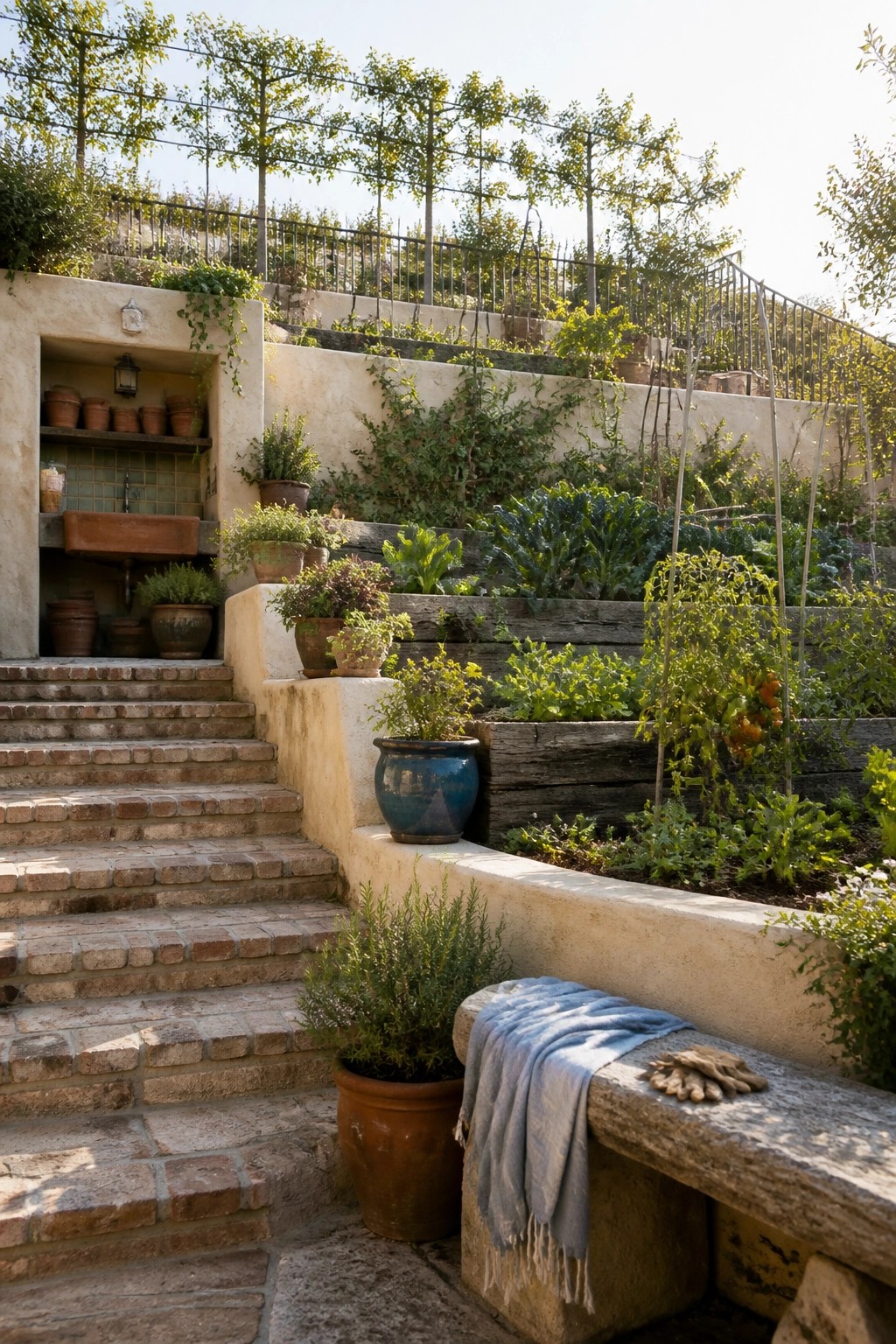 A terraced garden on a slope with wooden retaining walls, brick steps, potted plants, and vegetable beds at multiple levels.
