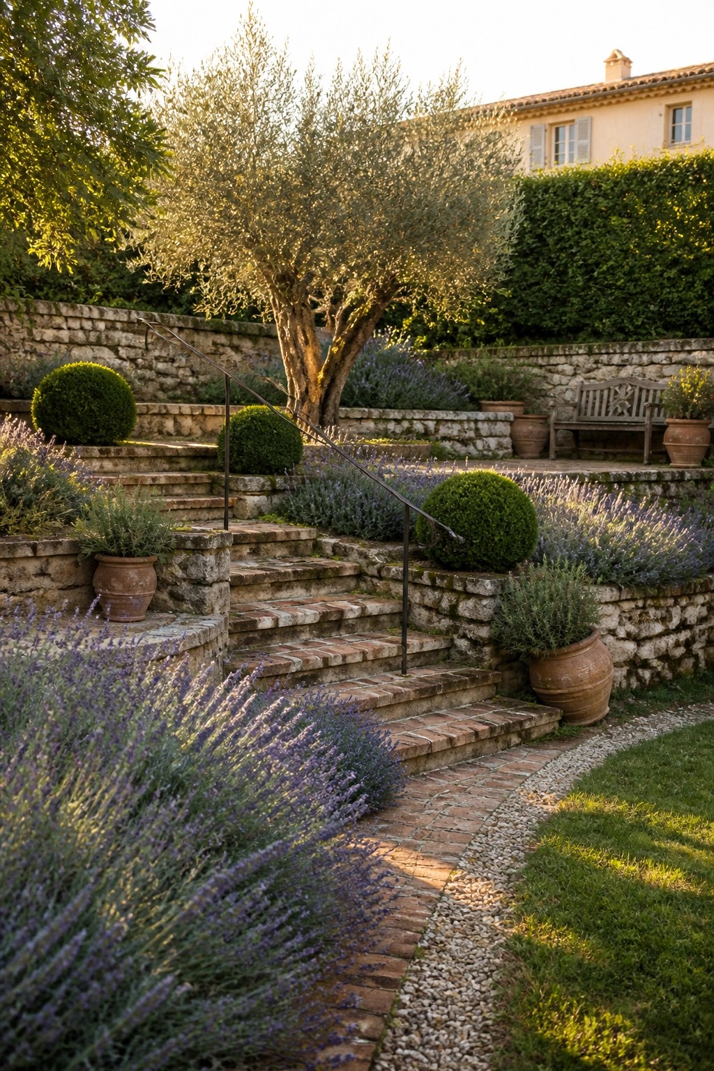Stone stairs lined with lavender, terracotta pots, and olive trees in golden light