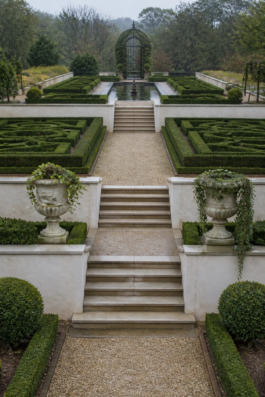 Formal garden with geometric hedge mazes, stone stairs, urns, and reflecting pool.