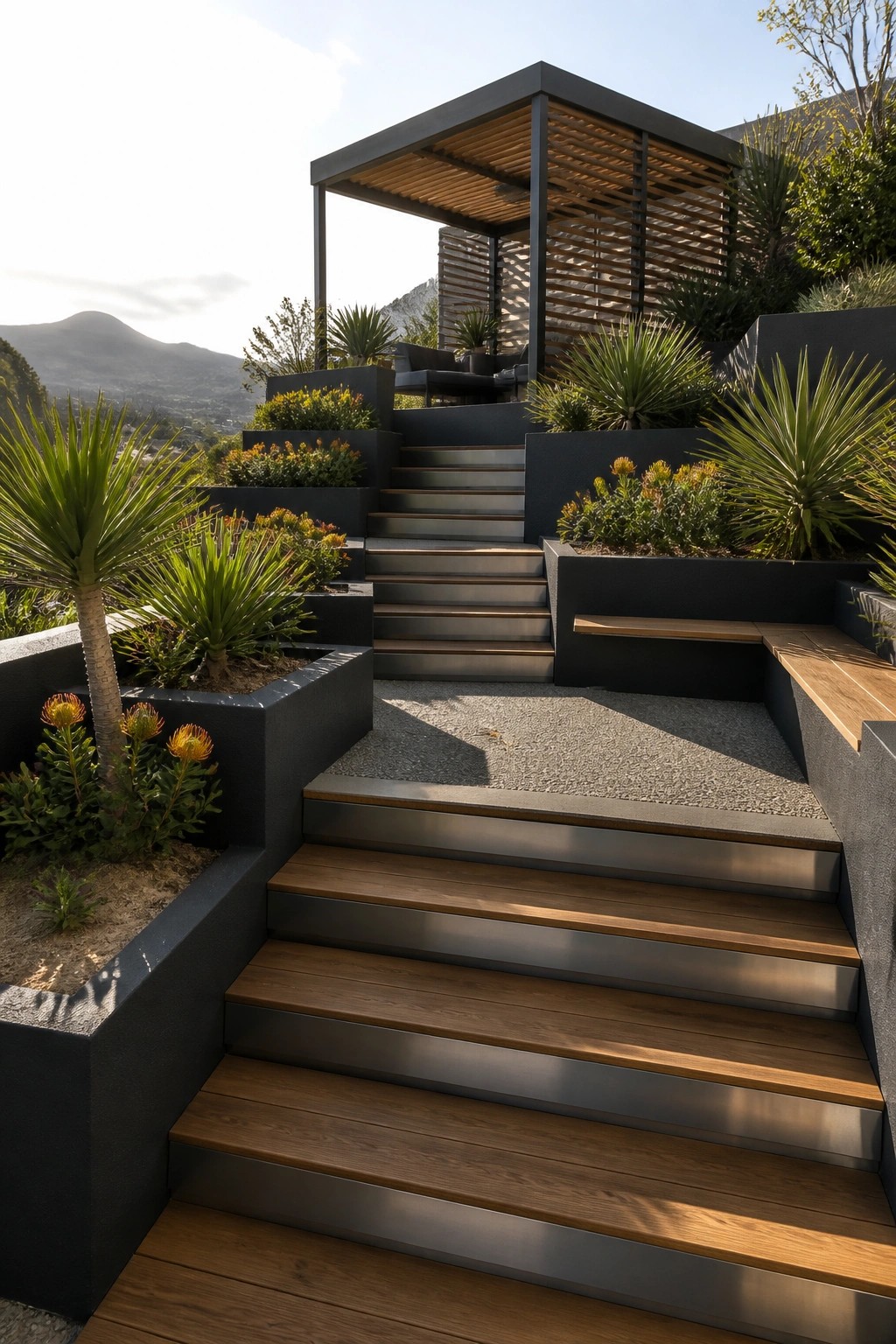 A terraced hillside garden with dark retaining walls, multiple flights of wooden and metal steps, and layered planting beds.