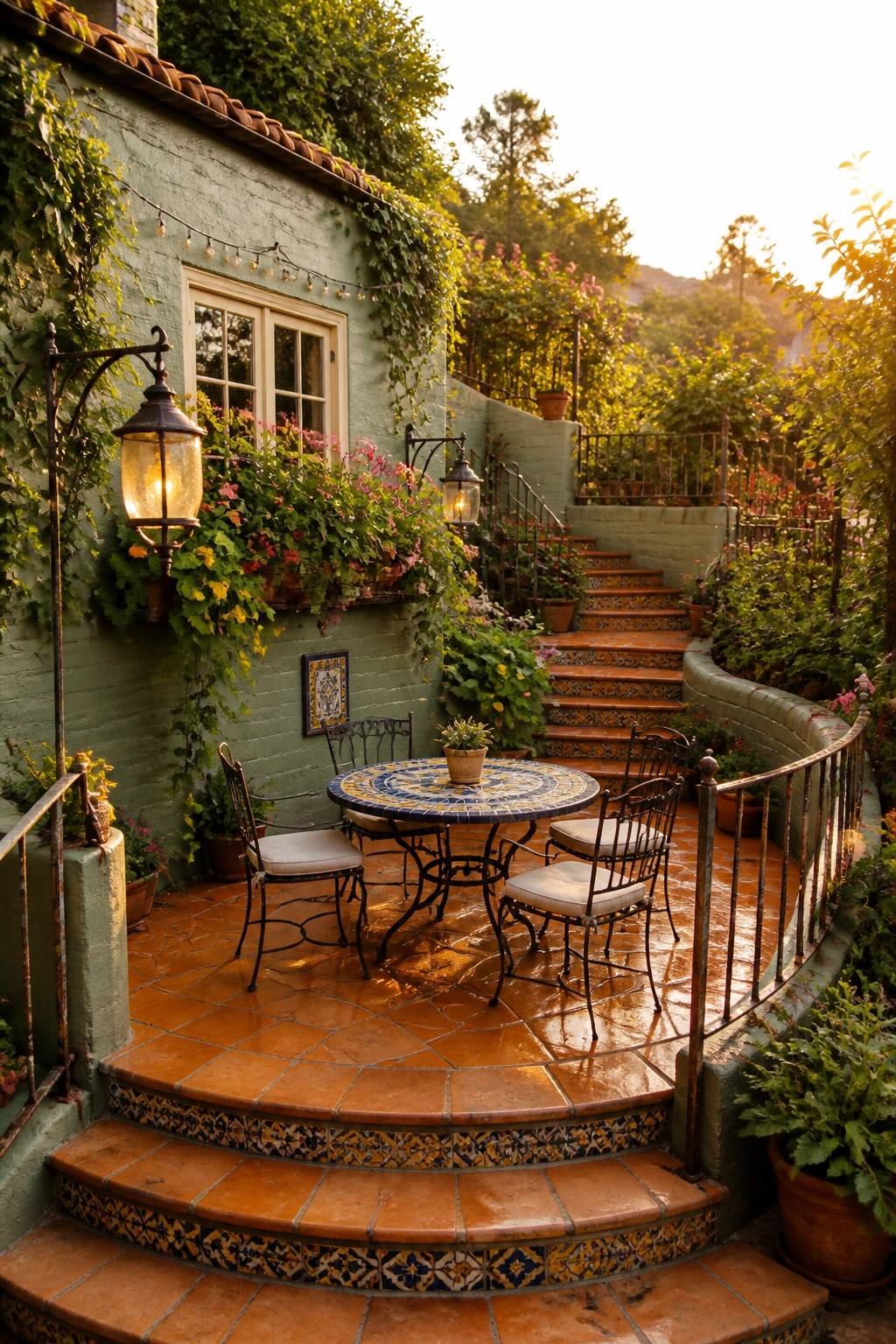 A tiled patio with a round table and four chairs sits against a green house wall, connected by colorful mosaic steps on a sloped garden.