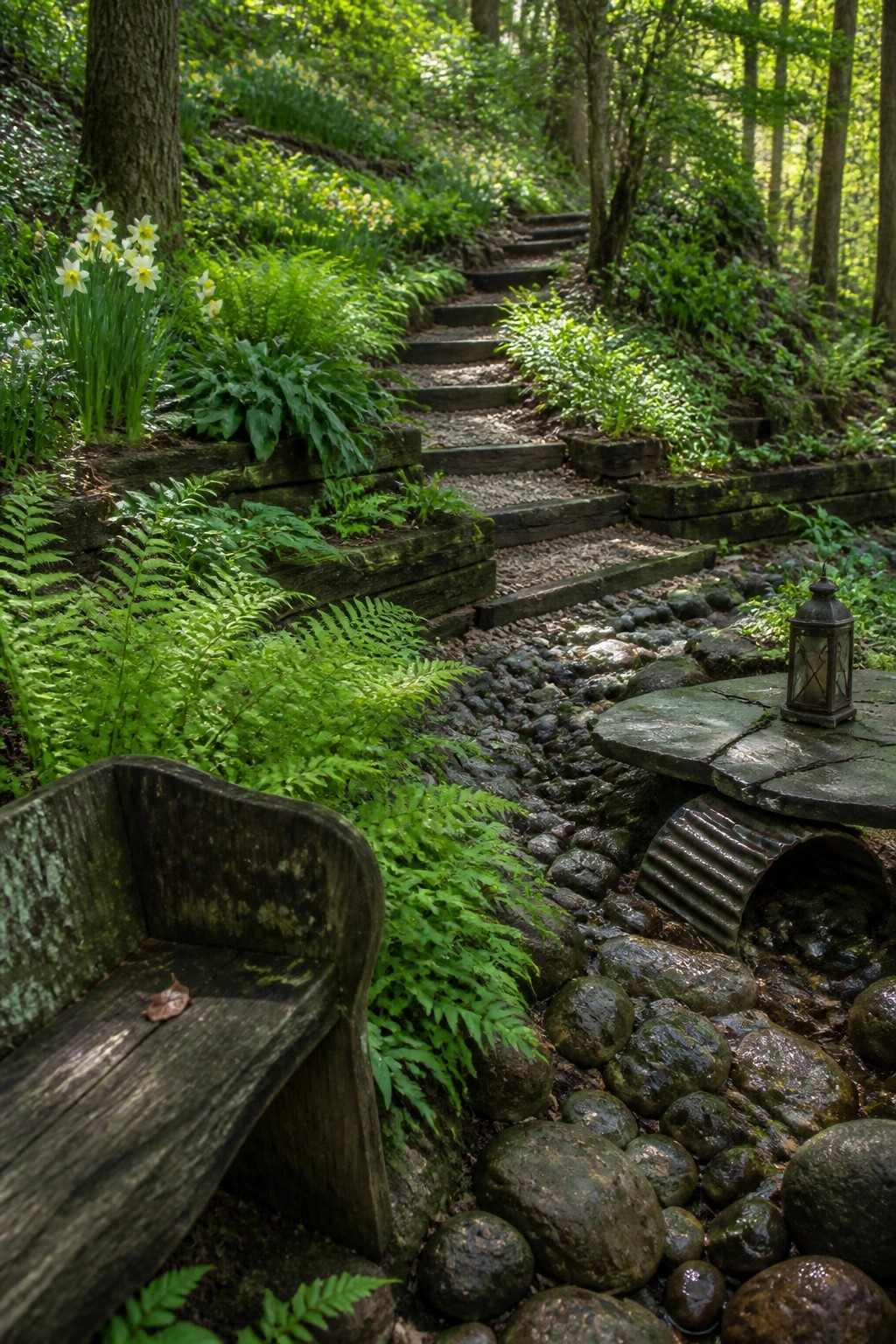 A sloped woodland garden with timber retaining walls forming terraces, wooden steps, a stone path, ferns, and a wooden bench in the foreground.