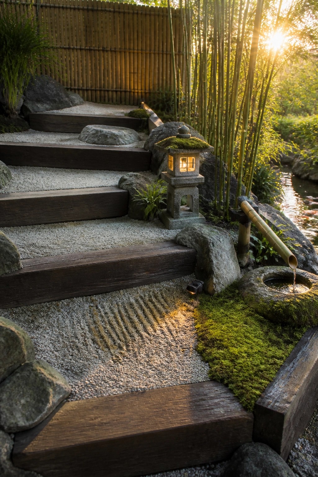A garden slope with dark wooden steps, gravel landings marked with raked lines, large rocks, a stone lantern, and bamboo beside a small water feature.