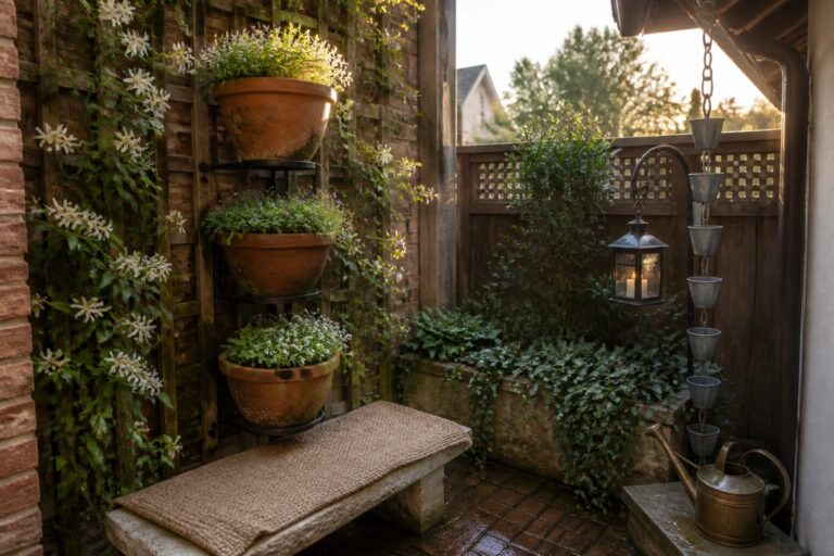 19 Clever Corner Patio Garden Ideas for Awkward Spots and Tiered Pot Displays A corner patio with tiered terracotta pots on a wooden lattice wall covered in vines, a stone bench, and a lit wall lantern.