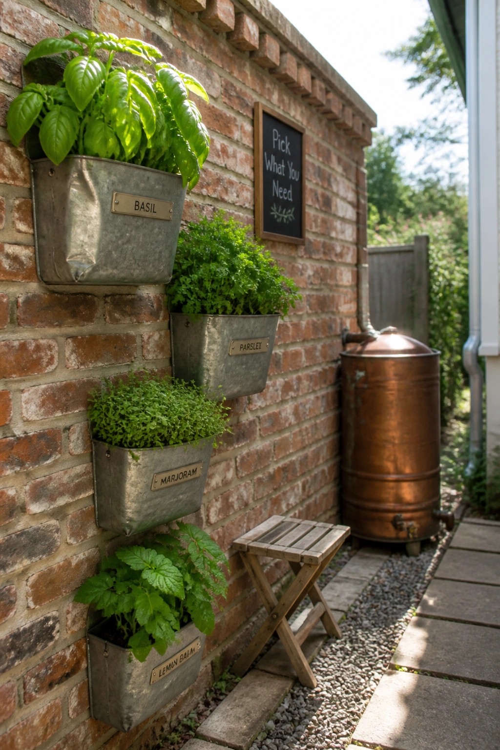 A brick wall lined with five metal wall-mounted planters holding basil, parsley, marjoram, and lemon balm, positioned beside a copper barrel and a small wooden stool.