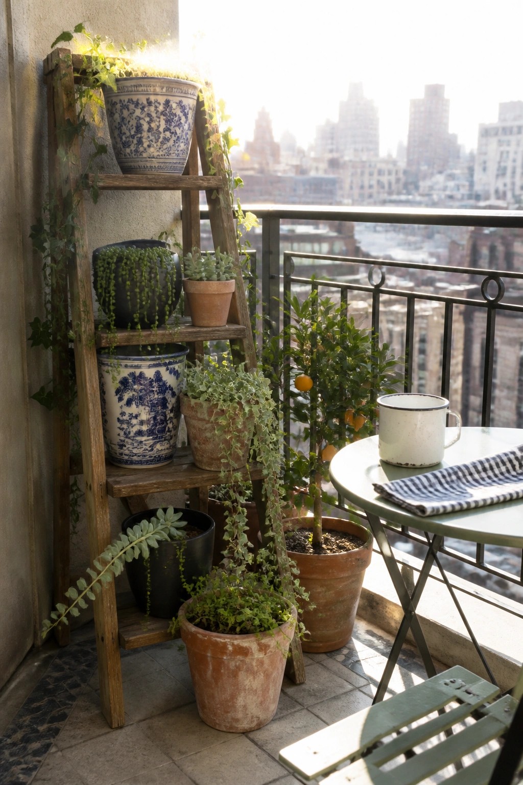 A wooden ladder shelf with multiple potted plants stands in the corner of a balcony next to a small table.