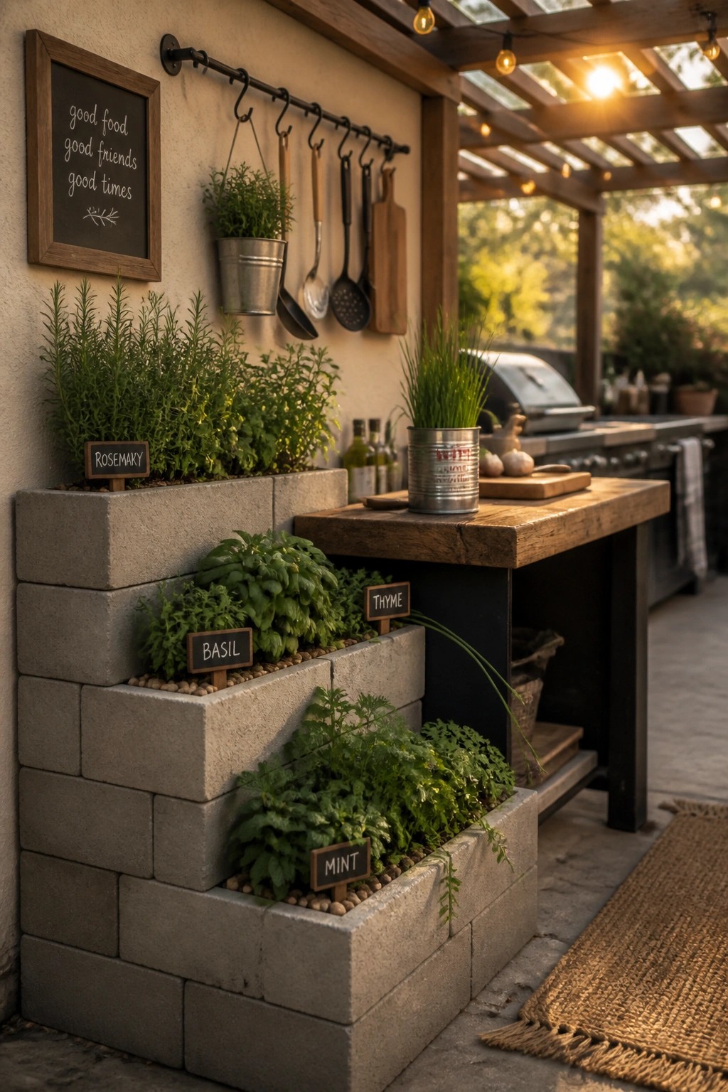 Tiered cinder block herb garden beside wooden outdoor kitchen counter with hanging tools
