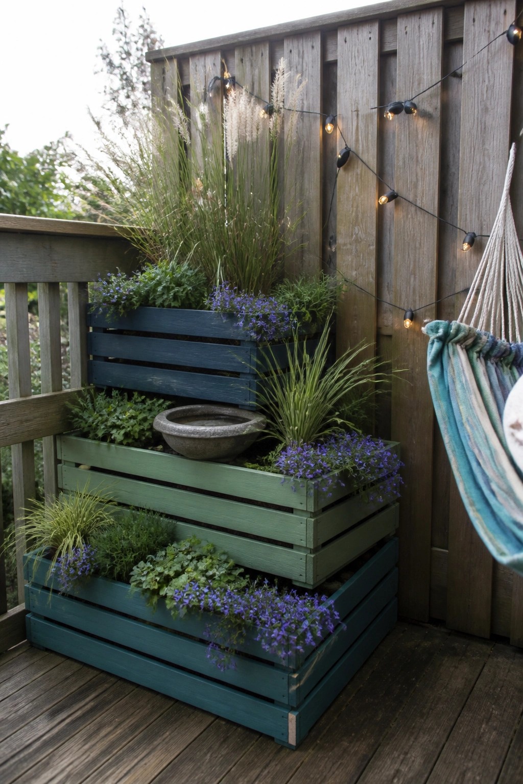 Tiered wooden crates painted in shades of blue and green, stacked in a corner on a wooden deck and filled with various green plants and purple flowers, with string lights above and a hammock to the side.