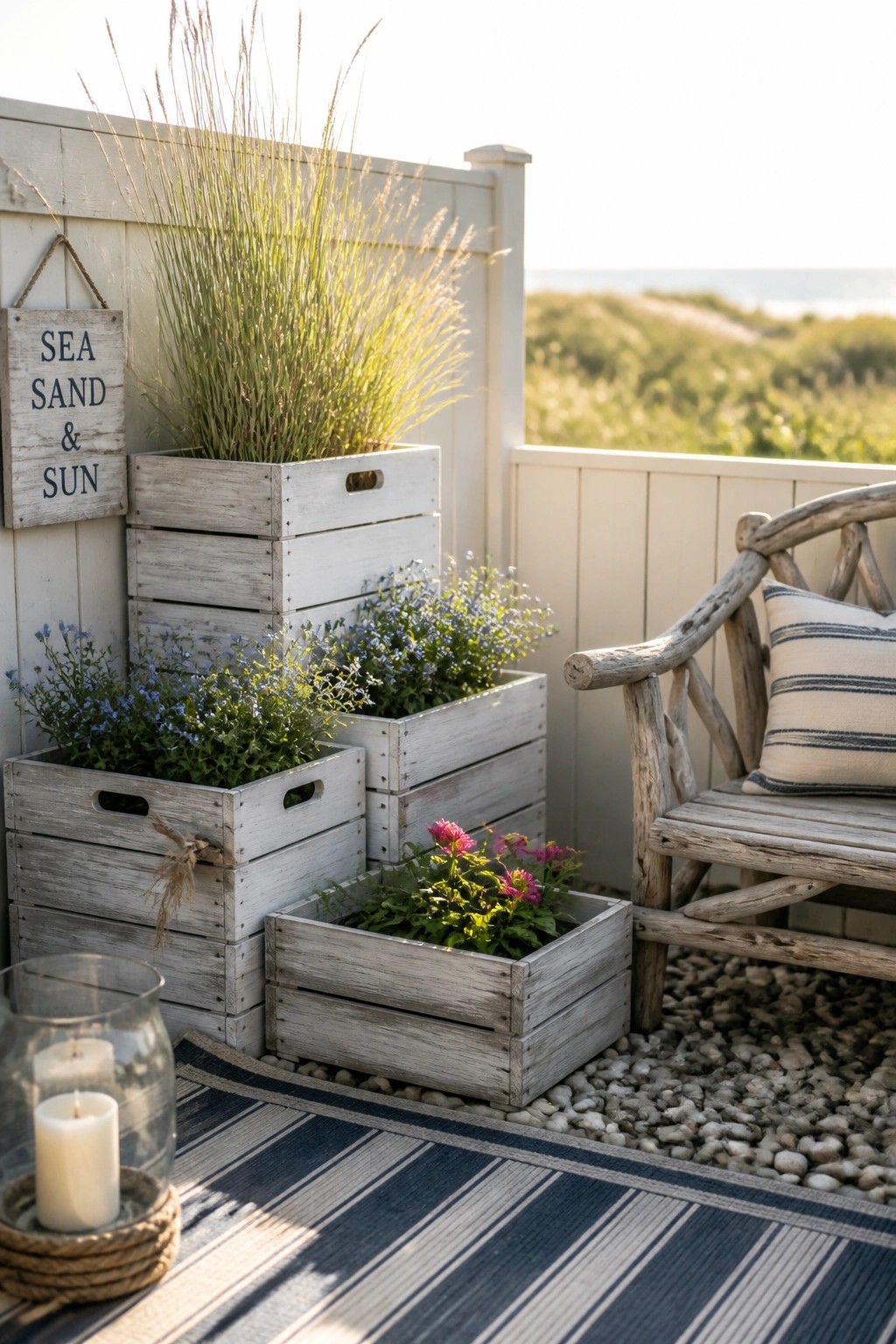 A corner patio setup with stacked white wooden crates holding flowering plants beside a rustic wooden chair on a striped rug.