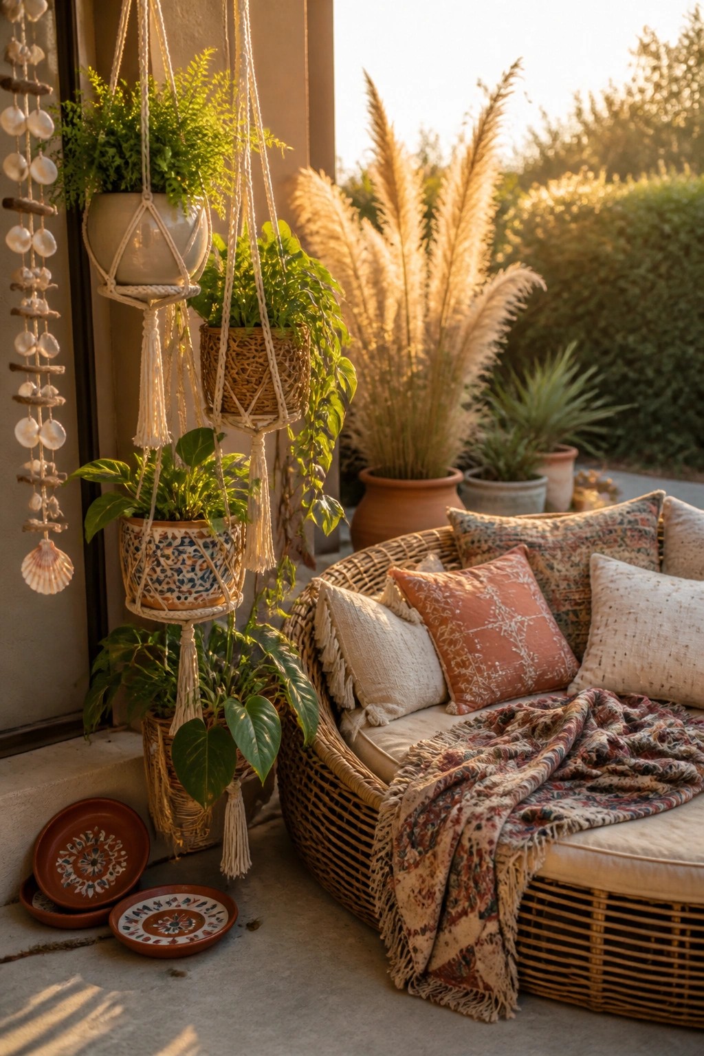 A patio corner features a round wicker daybed with pillows and a throw, surrounded by multiple macrame hanging planters with green foliage, shell wall hangings, and decorative ceramic plates on the ground.