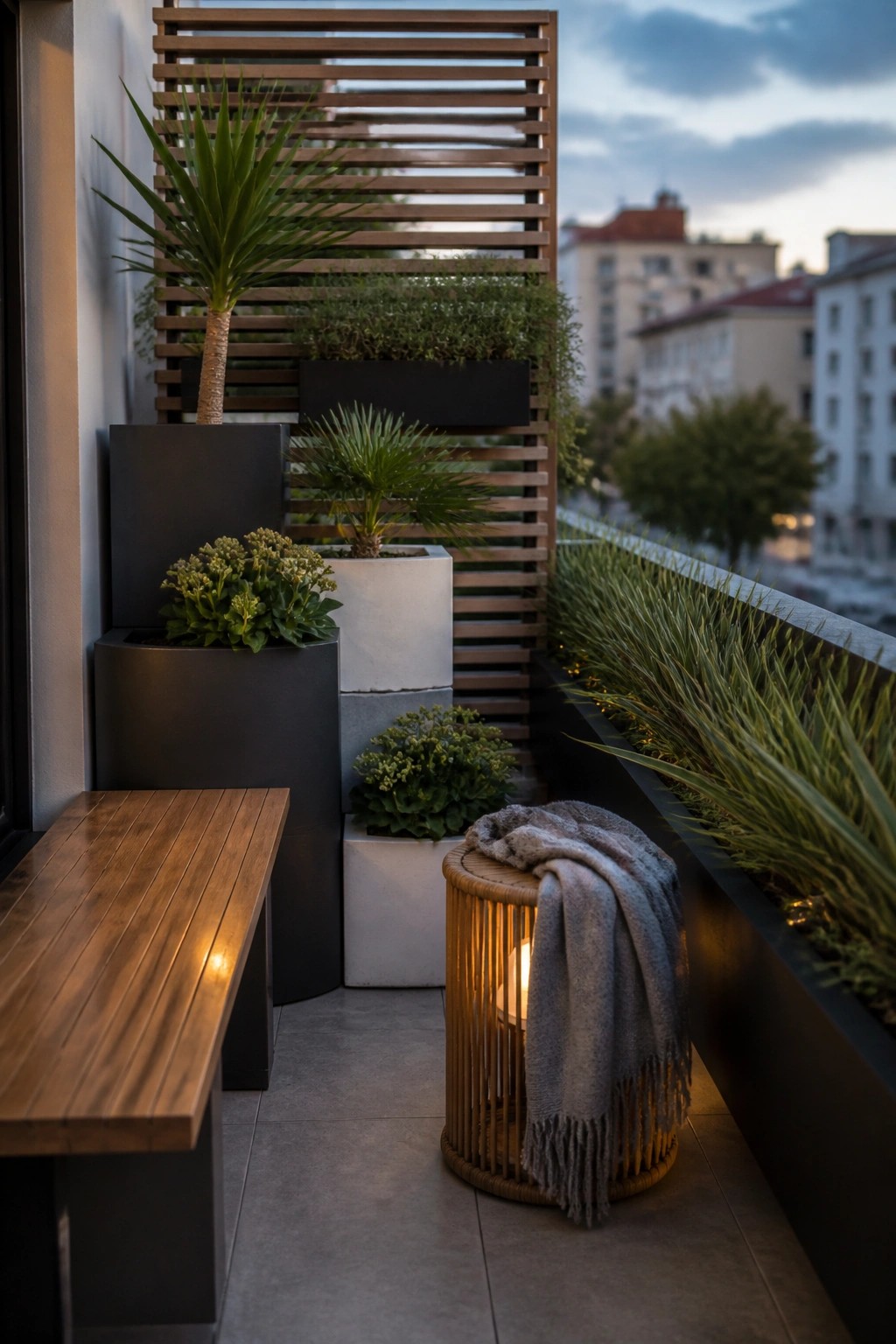 A narrow balcony corner with multiple potted plants arranged at varying heights beside a wooden bench and a glowing lantern.
