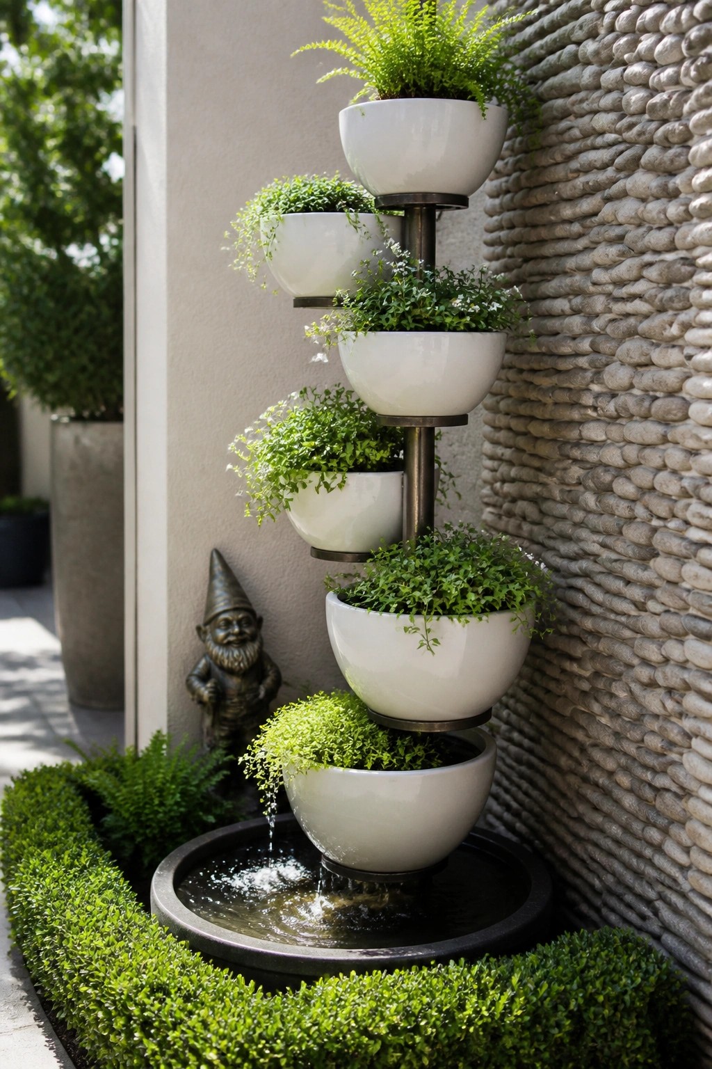 A multi-tiered stand with round white pots holds various green plants and sits above a shallow circular water basin against a stacked stone wall.