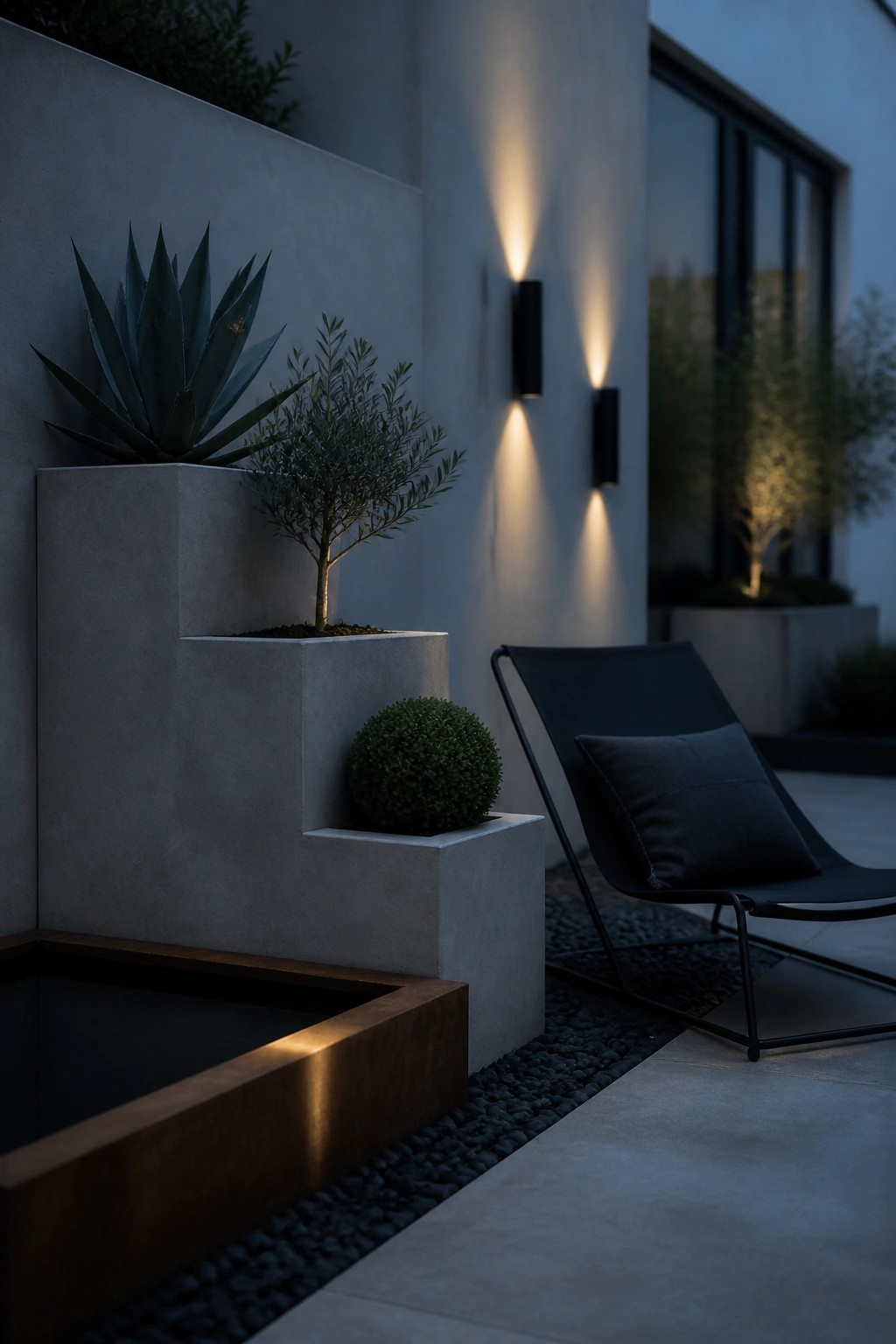 Modern outdoor patio corner with multi-level concrete planters holding agave, olive tree, and round shrub, black lounge chair nearby, and a metal water feature in the foreground at dusk.