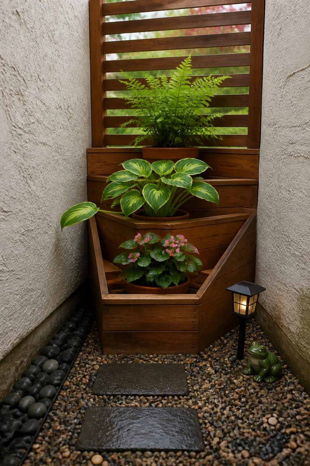 A corner with multi-level wooden planters holding ferns, hostas, and pink flowers, set on gravel with stepping stones and a small lantern.