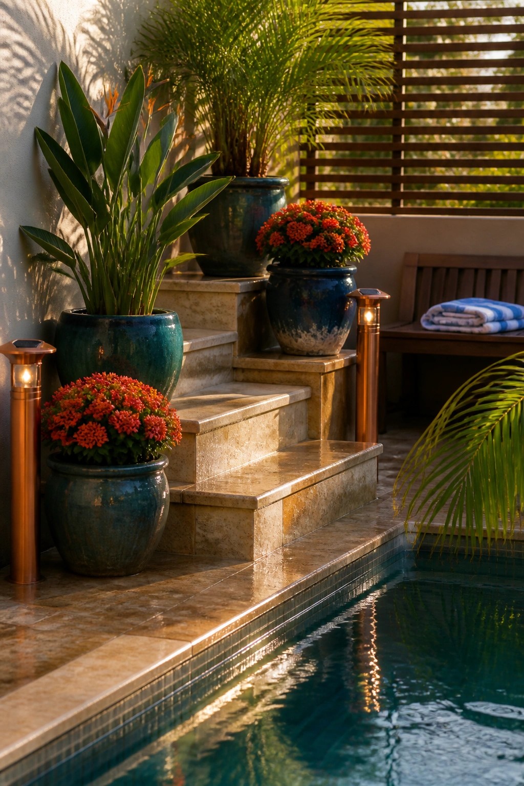 Stone steps beside a pool lined with large blue ceramic pots holding red flowers, plus solar path lights and a wooden bench in the background.