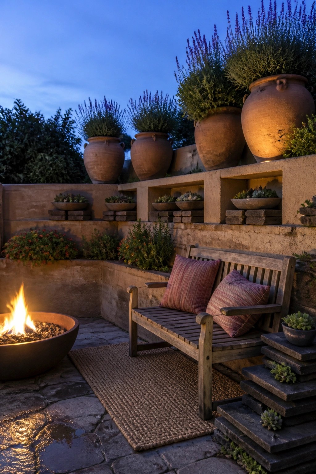 A stone patio at dusk with a wooden bench, fire pit, and multiple terracotta pots arranged on tiered walls and built-in shelves.