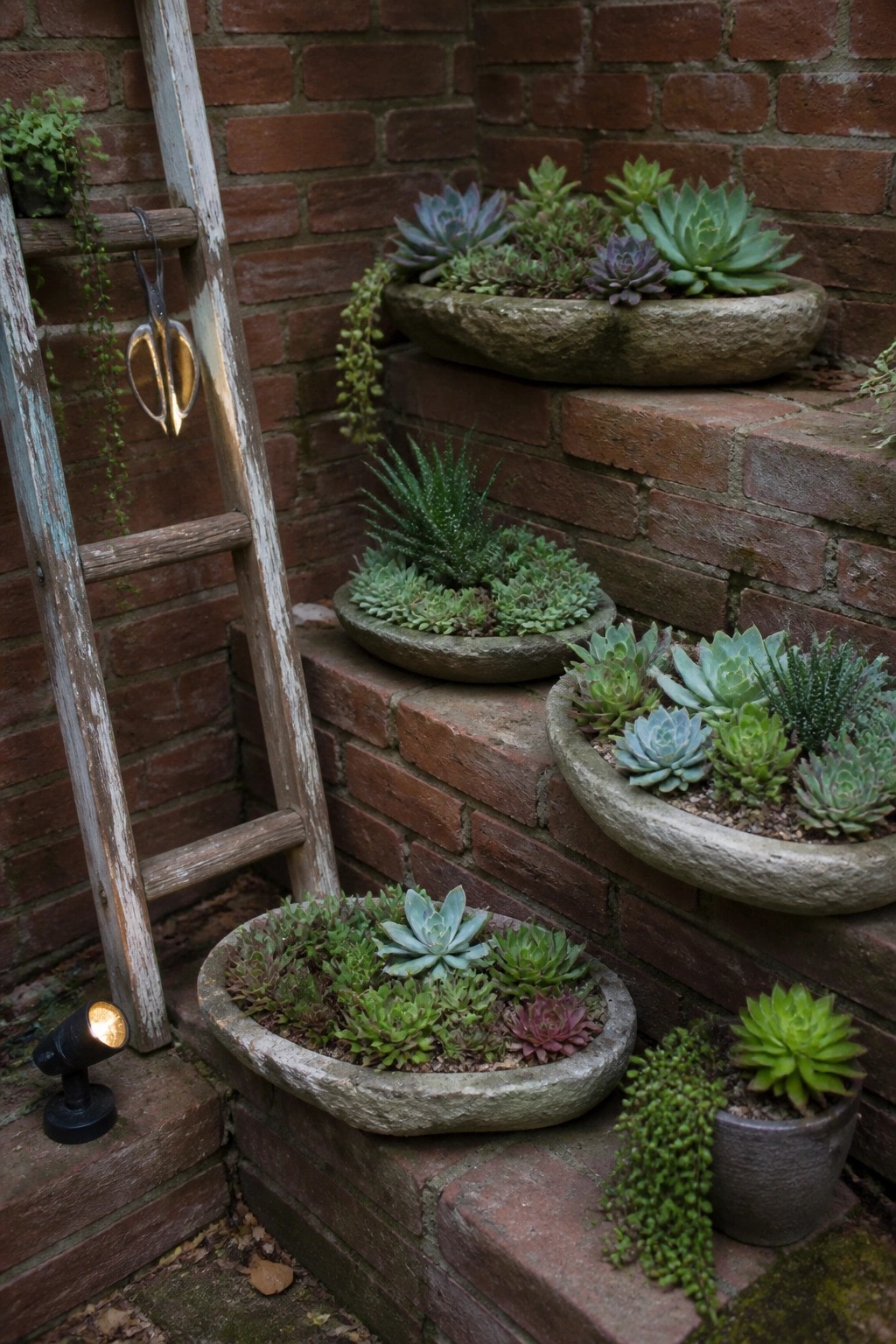 Stone pots of succulents on brick steps beside wooden ladder with hanging shears