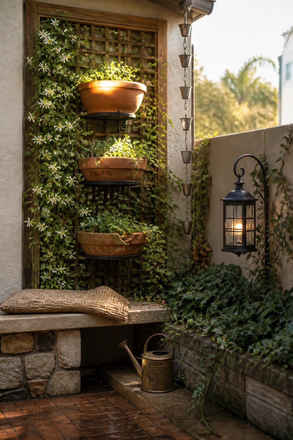 A corner patio with tiered terracotta pots on a wooden lattice wall covered in vines, a stone bench, and a lit wall lantern.