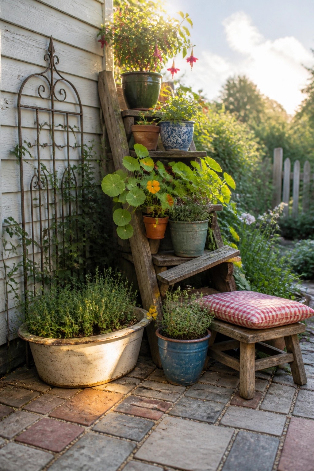 A wooden ladder leans against a white house wall holding multiple potted plants on its steps, with additional pots on the brick patio beside a small wooden bench with a red checkered cushion.