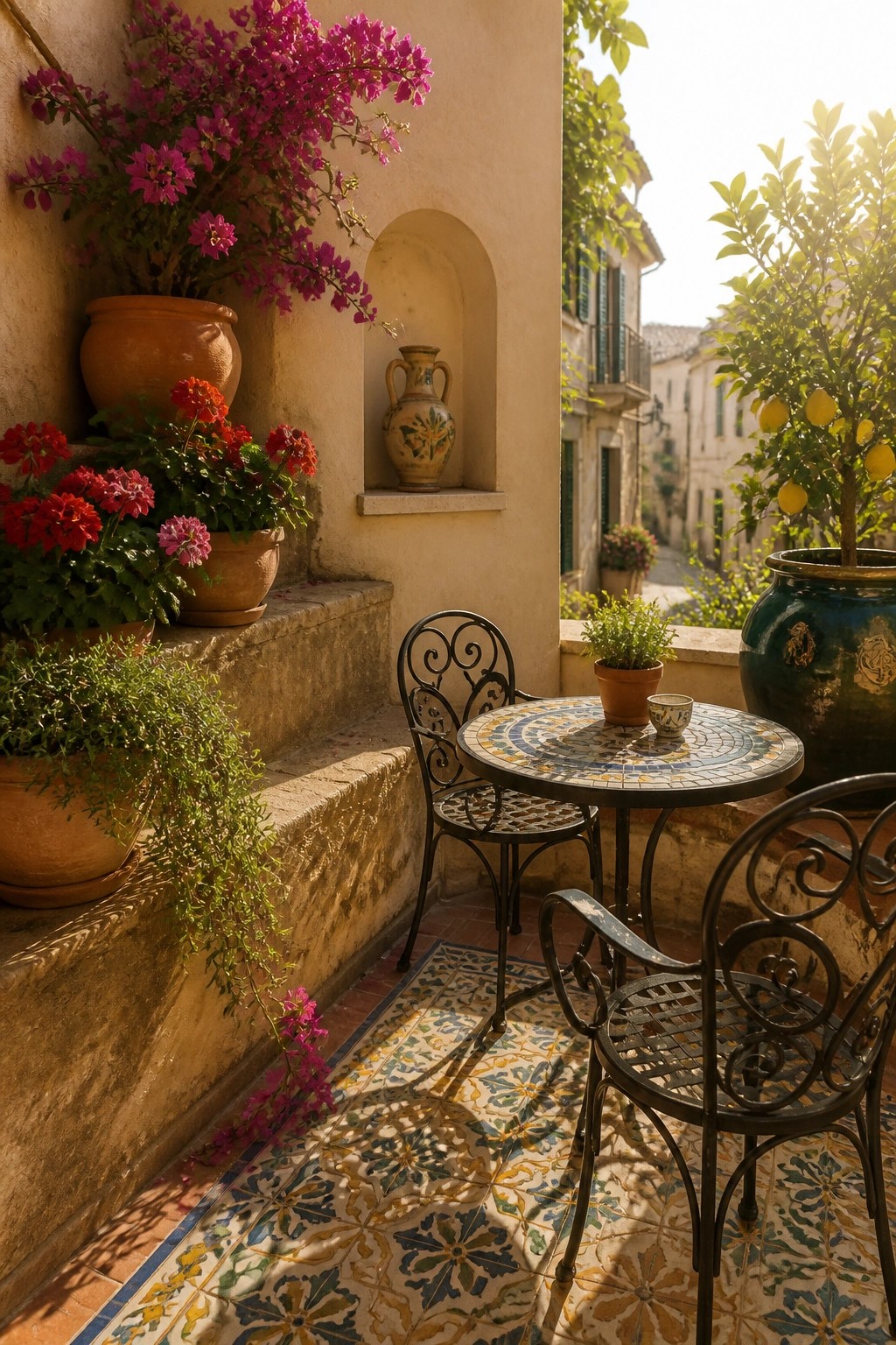 A small outdoor patio corner with a mosaic table and two black metal chairs, surrounded by potted plants arranged on stone steps and ledges.