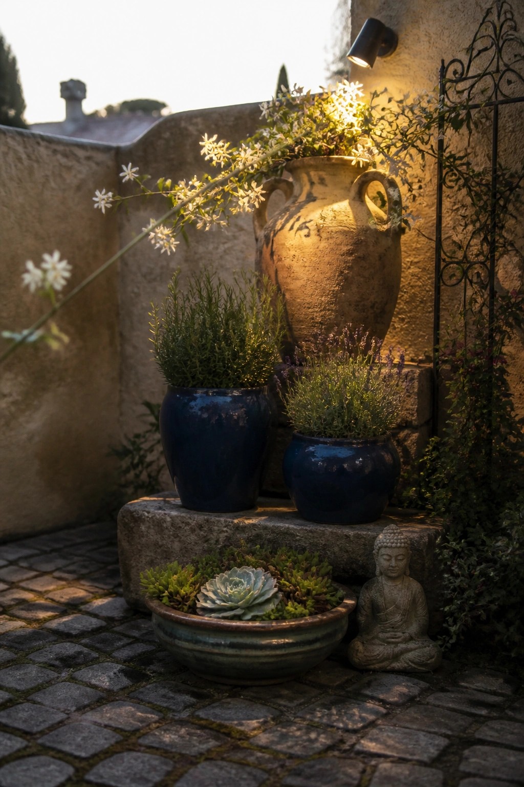 Stone steps hold several blue ceramic pots with green plants beside a large terracotta urn and a small Buddha statue on a cobblestone patio.
