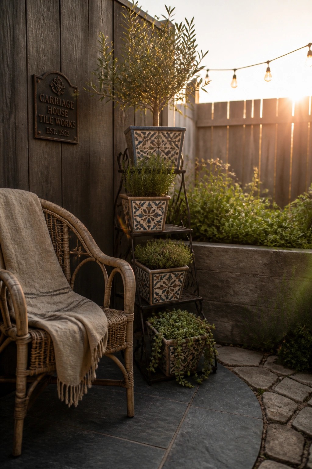 A corner patio scene shows a tiered metal plant stand with patterned pots holding various green plants next to a wicker chair draped with a blanket.