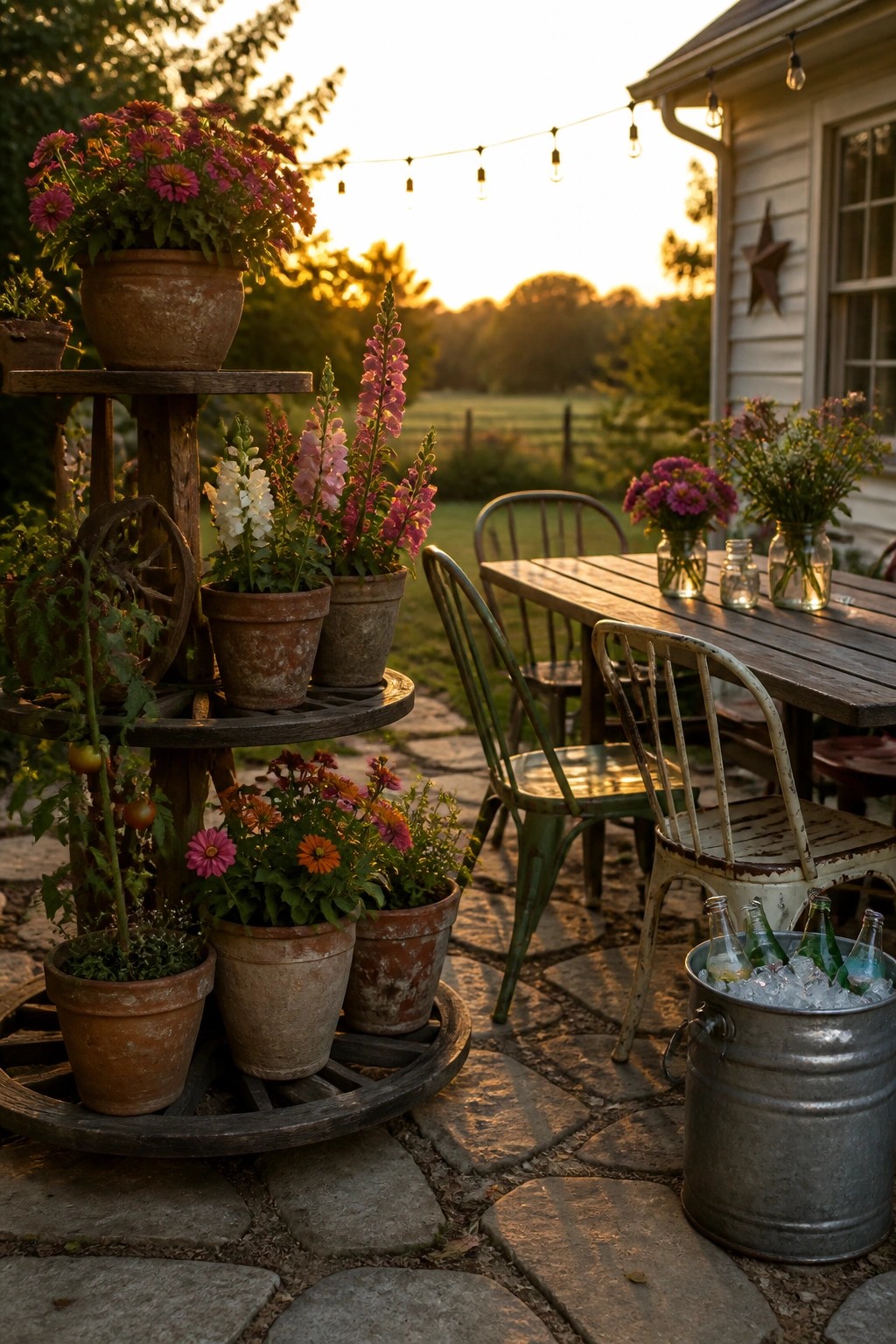 A stone patio at sunset with a multi-level wooden plant stand holding several terracotta pots of flowers, a rustic dining table with metal chairs, and a galvanized bucket filled with ice and glass bottles.