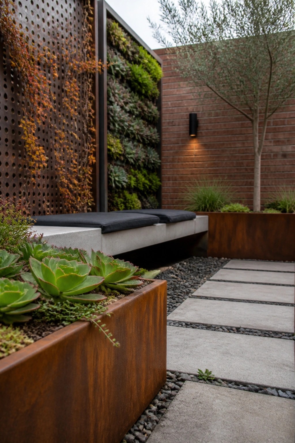 A narrow outdoor garden with a vertical living wall, rusted metal planters holding succulents, a concrete bench with cushions, and a stepping stone path over gravel.
