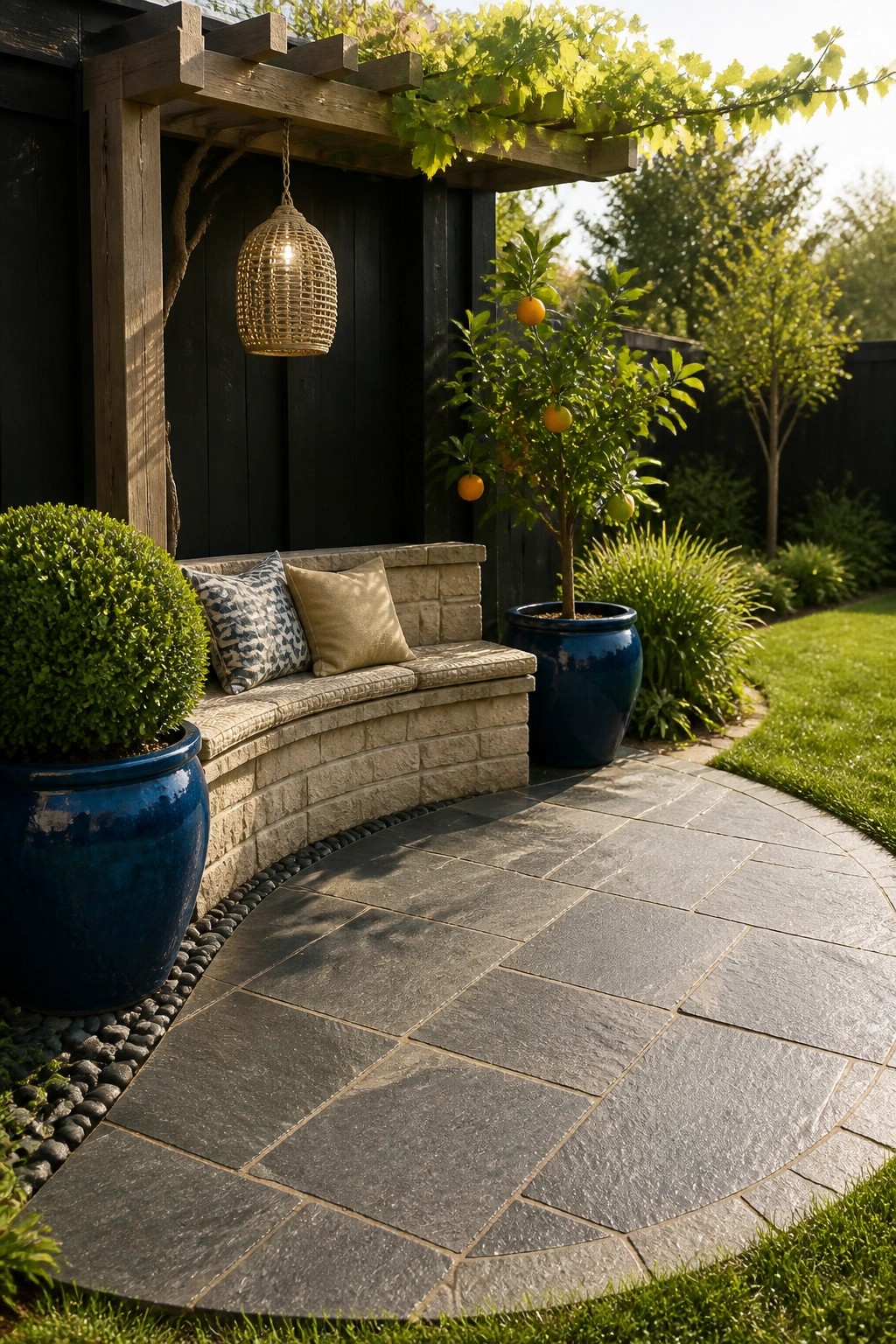 A curved stone bench sits in a garden corner beside a paved patio, with large blue pots and a hanging light overhead.
