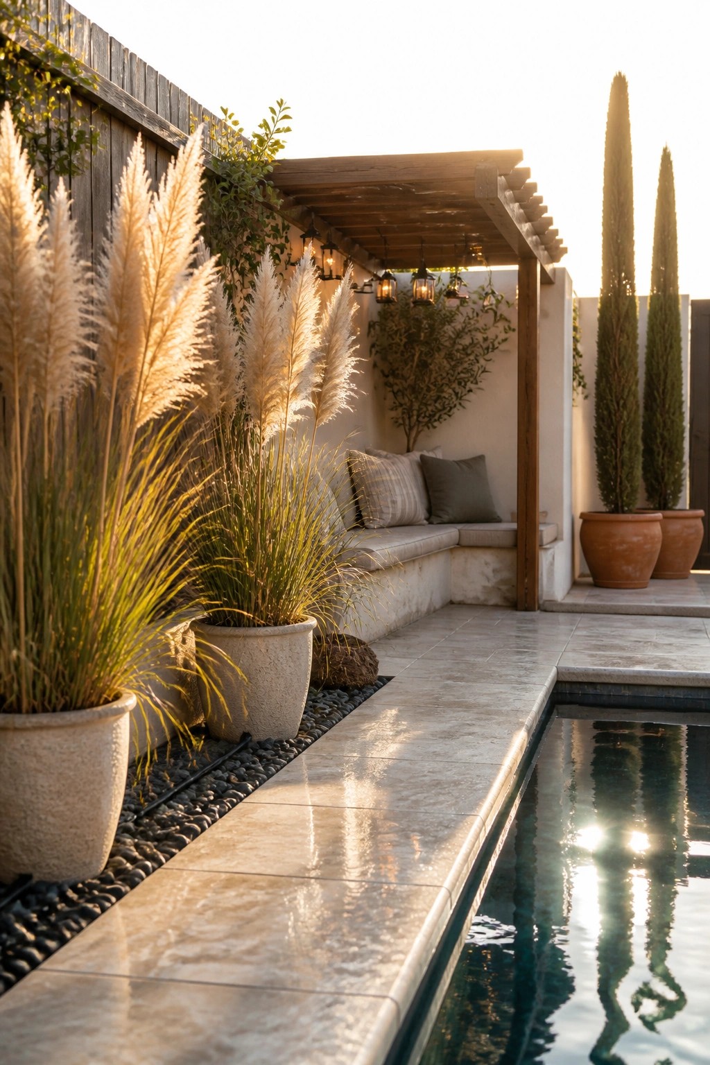 Narrow tiled patio with built-in bench seating under a wooden pergola, large potted grasses, and a long pool running alongside.